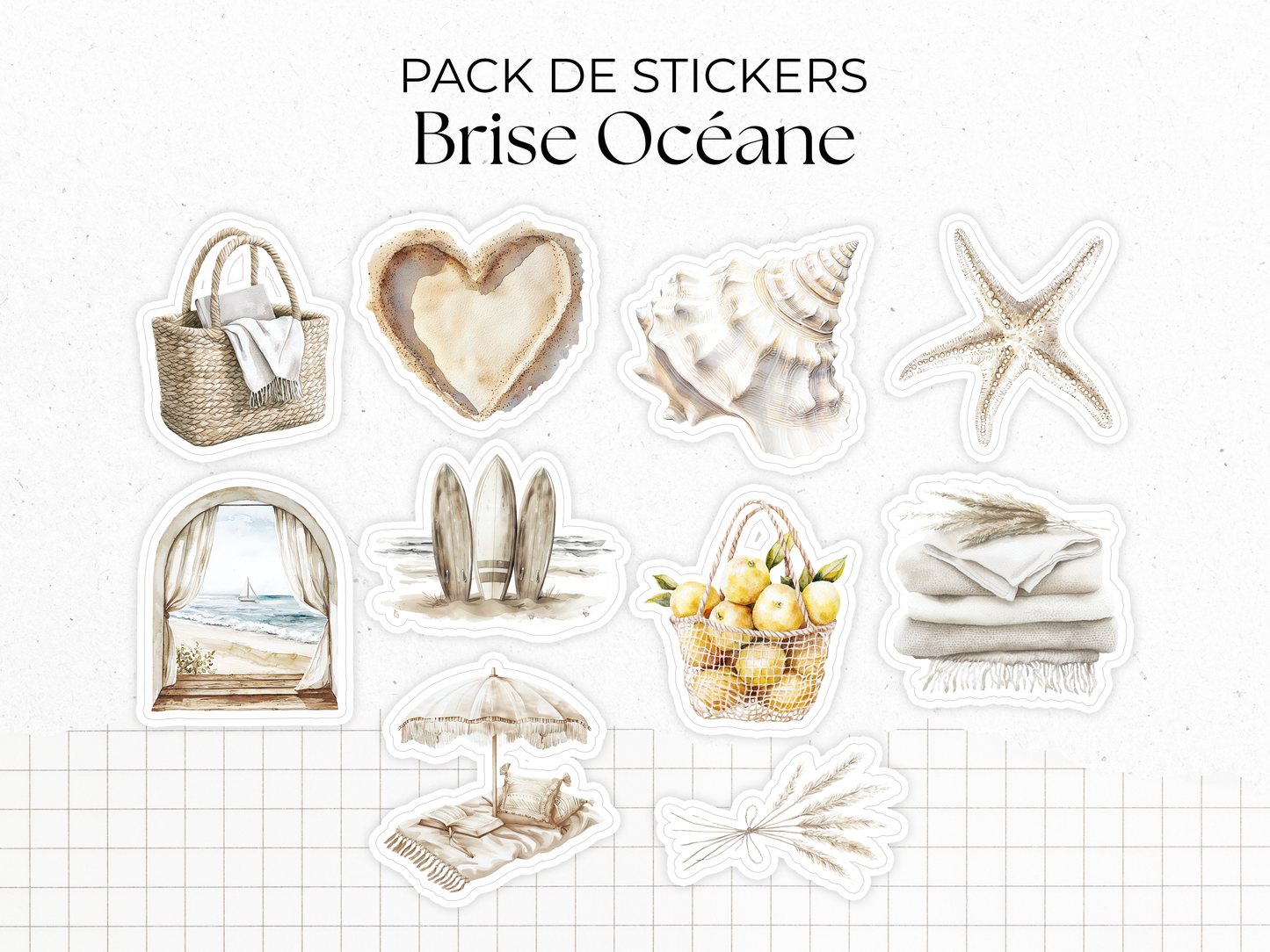 Collection de stickers "Brise Océane" - Autocollants sur le thème de l'été : vacances, plages, océan - Bullet Journal