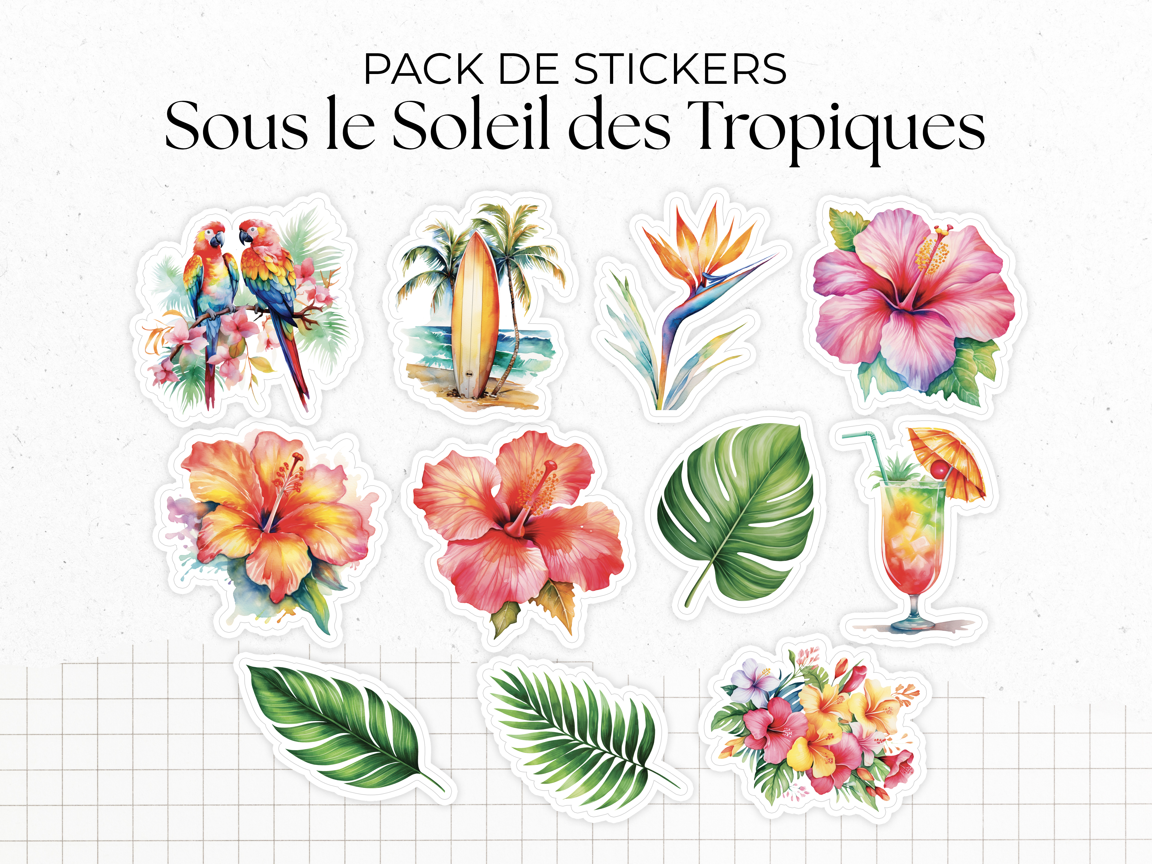 Sticker pack - "Tropical Sunlight" - Watercolor illustrations: tropical flowers, summer - Bullet Journal / Planner stickers