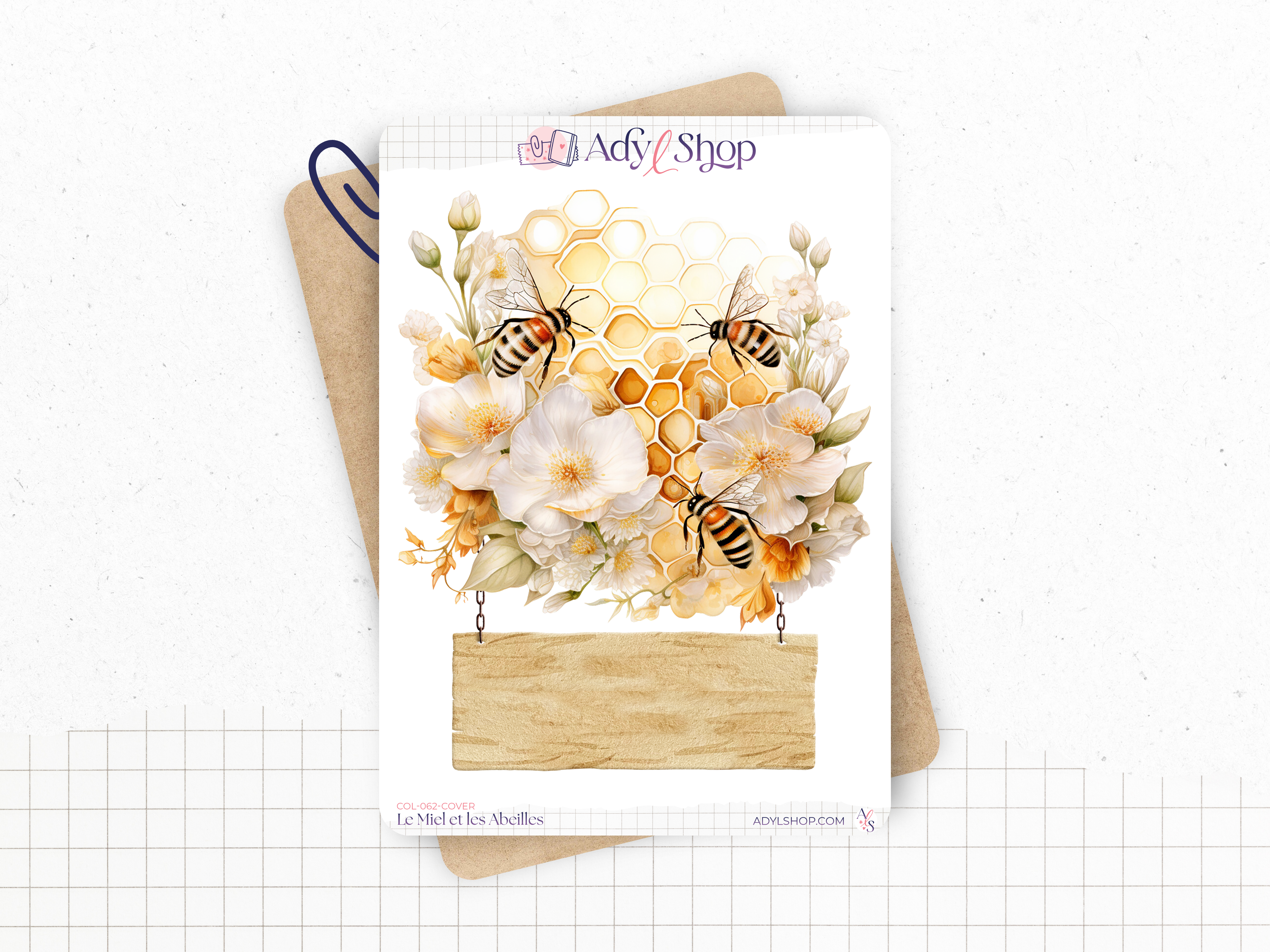 Sticker sheets - "Honey & Bees" - Watercolor illustrations: honey, bees, hive - Cover page - Bullet Journal / Planner stickers