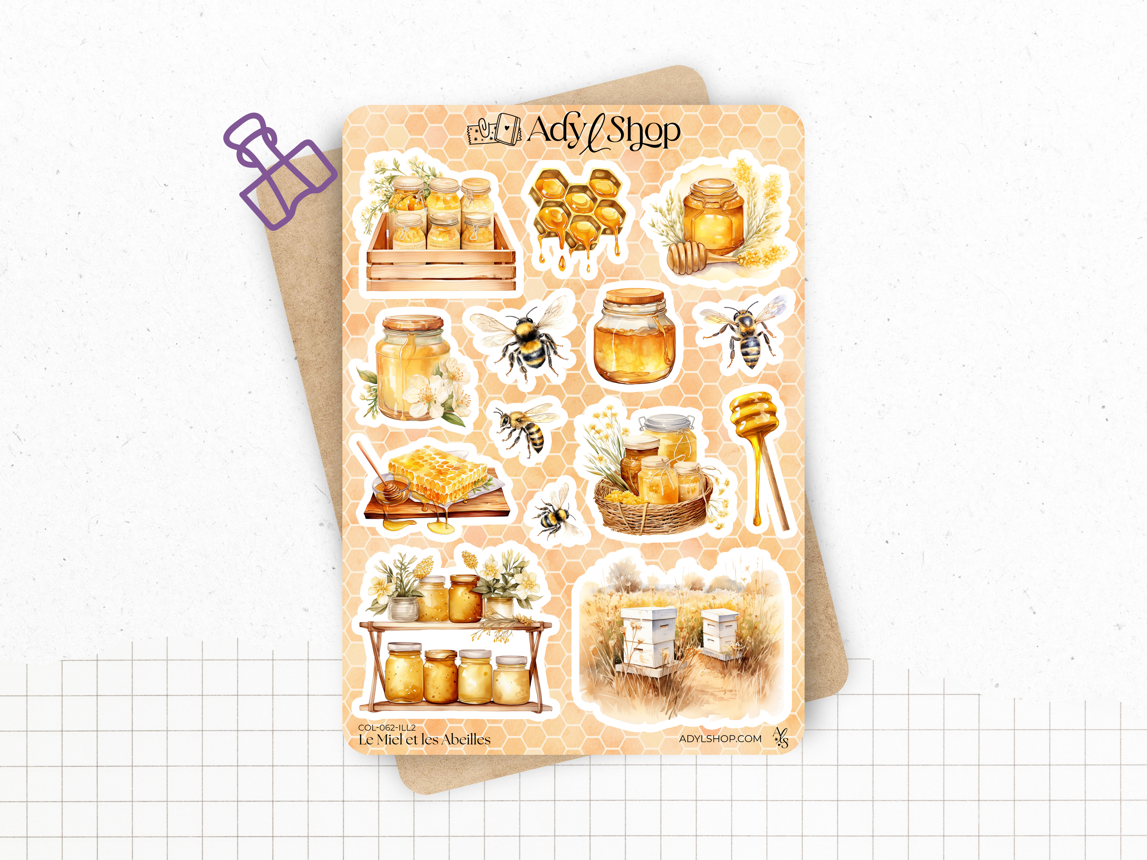 Sticker sheets - "Honey & Bees" - Watercolor illustrations: honey, bees, hive - Bullet Journal / Planner stickers
