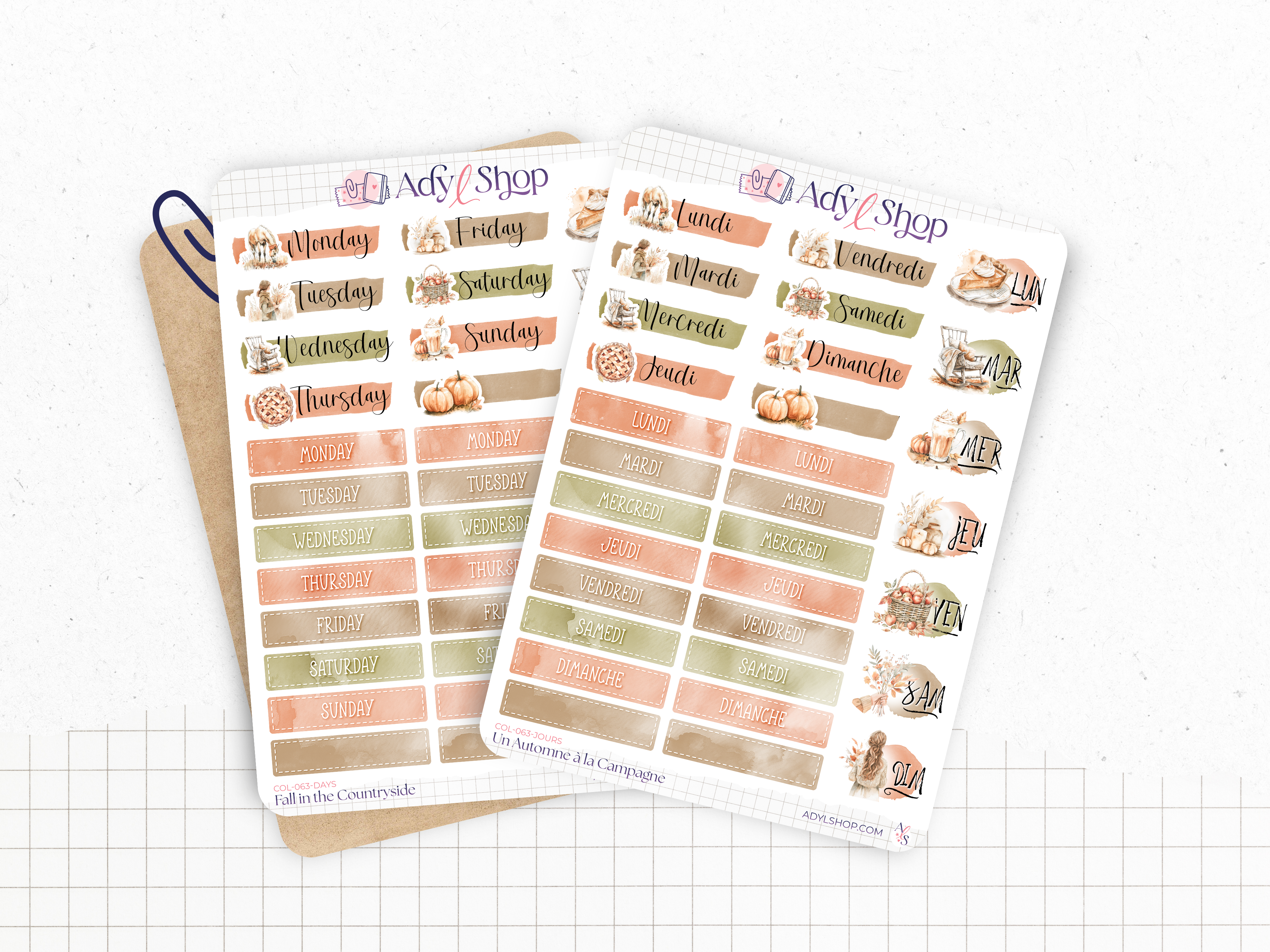 Sticker sheets - "Fall in the Countryside" - Watercolor illustrations - Days of the week - Bullet Journal / Planner stickers