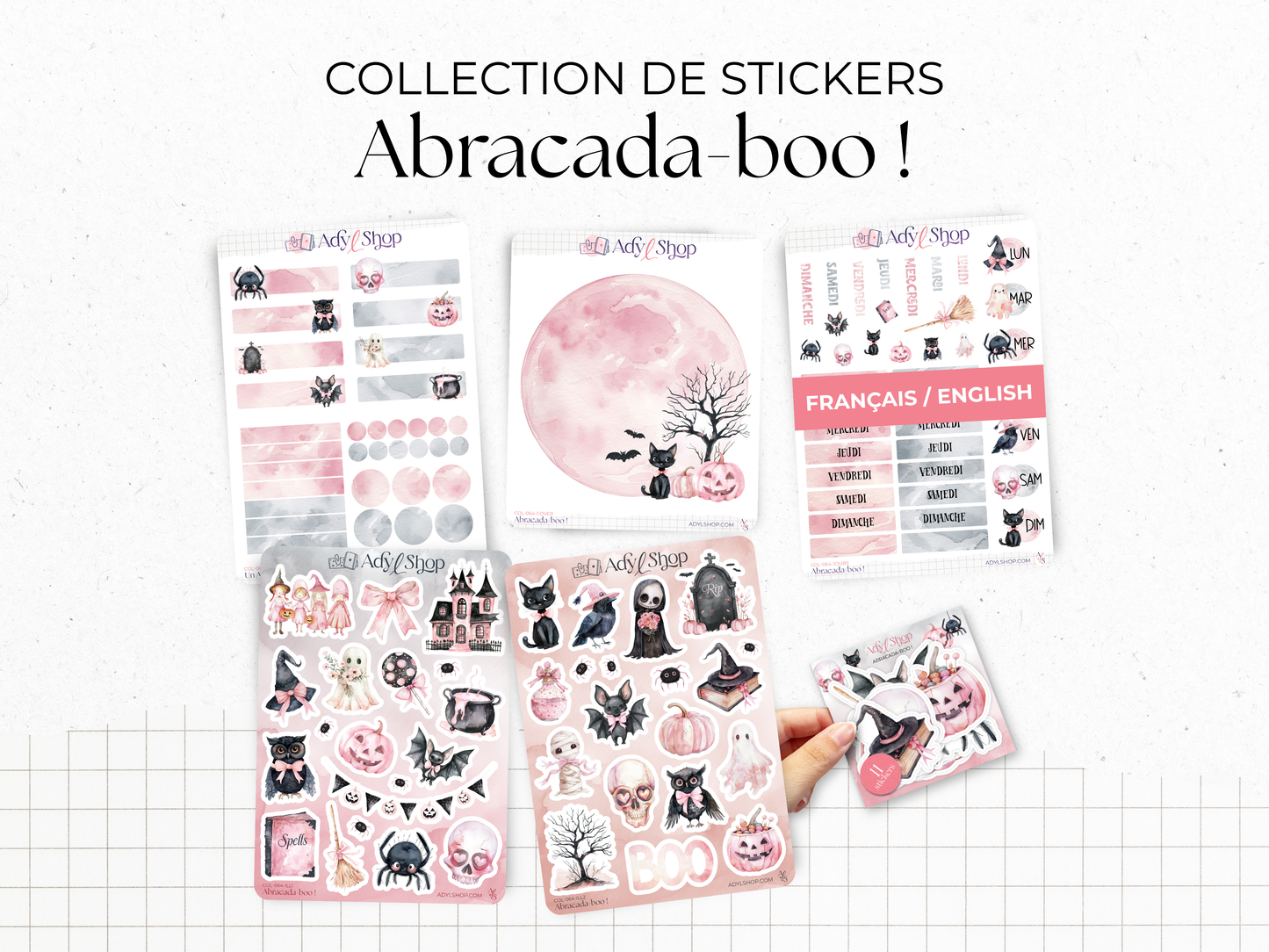 Planches de stickers "Abracada-boo!" - Autocollants sur le thème d'Halloween : monstres mignons - Bullet Journal