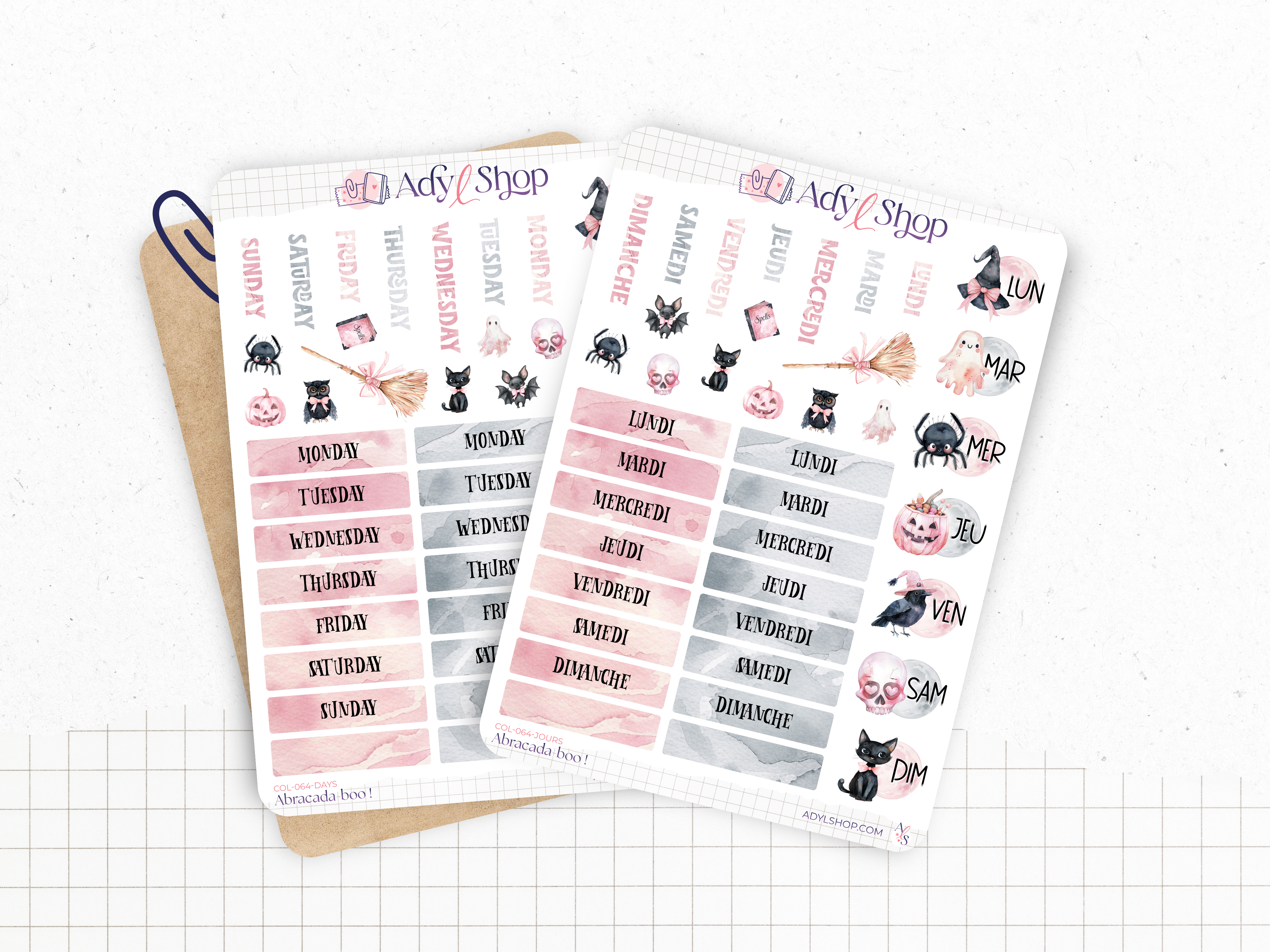 Sticker sheets - "Abracada-boo!" - Watercolor illustrations - Halloween - Days of the week - Bullet Journal / Planner stickers