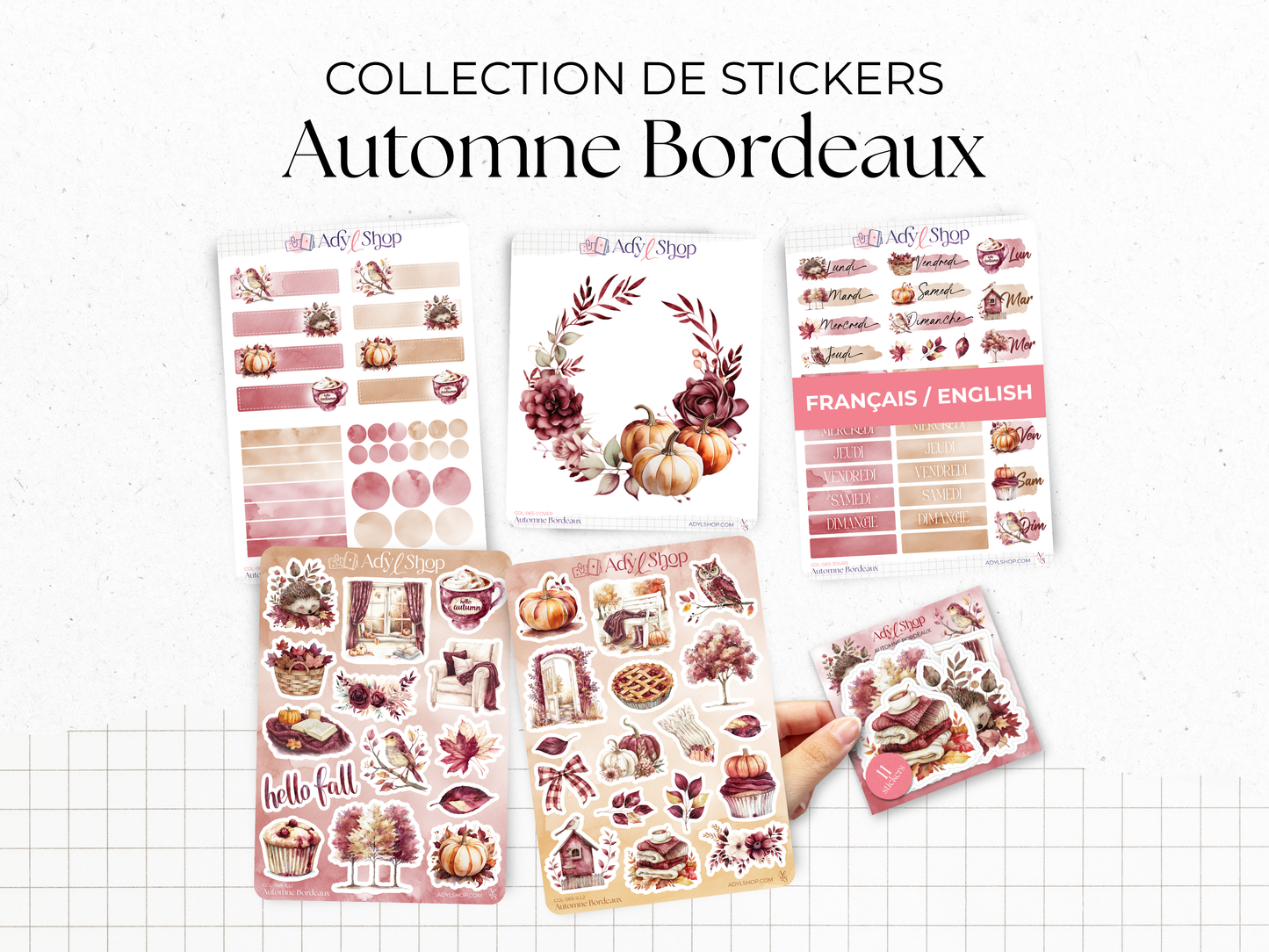Sticker sheets - "Burgundy Fall" - Watercolor illustrations - Bullet Journal / Planner stickers