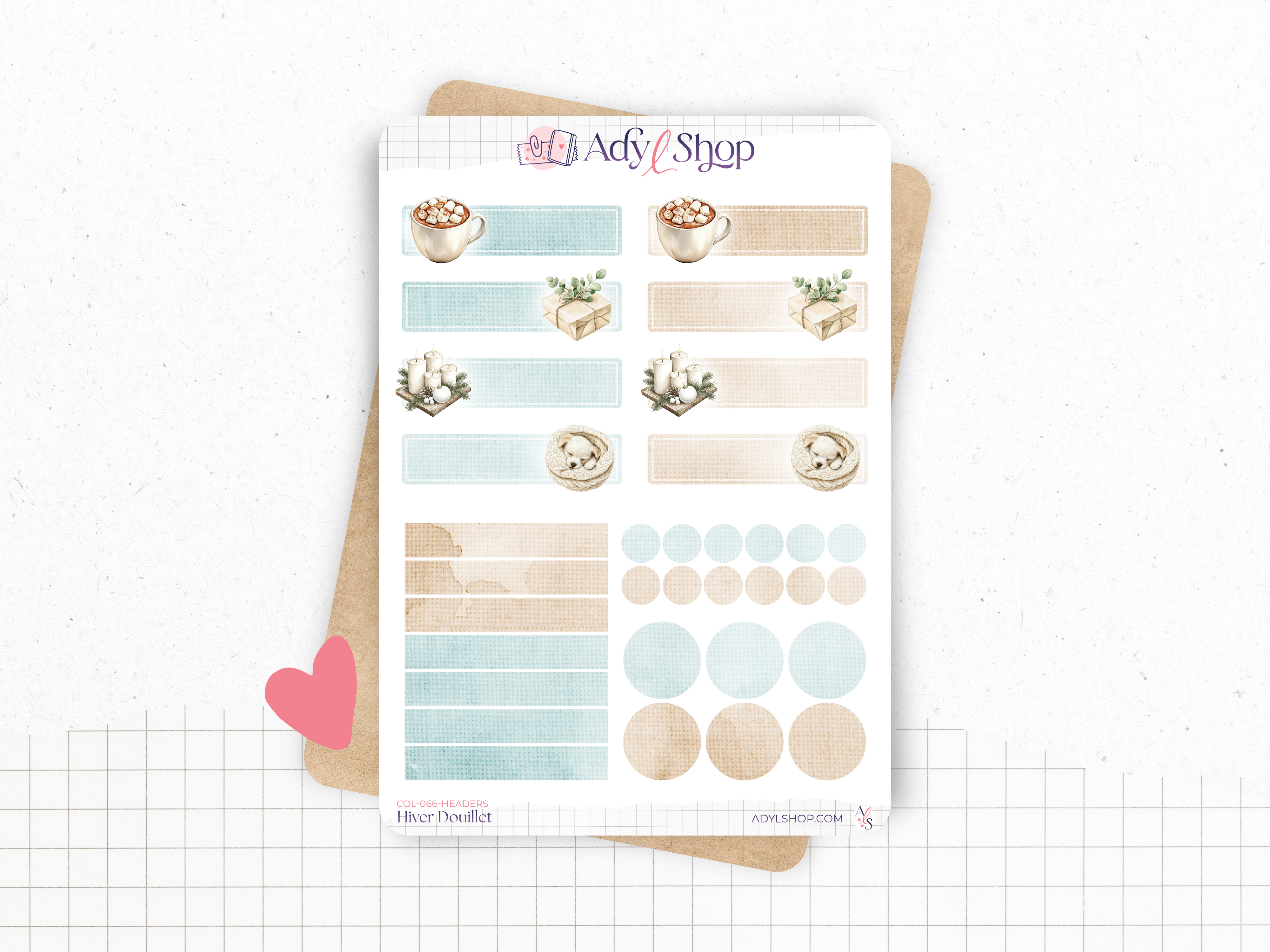 Planches de stickers "Hiver Douillet" - Autocollants sur le thème de l'hiver : un hiver au chaud, cozy - Headers - Bullet Journal