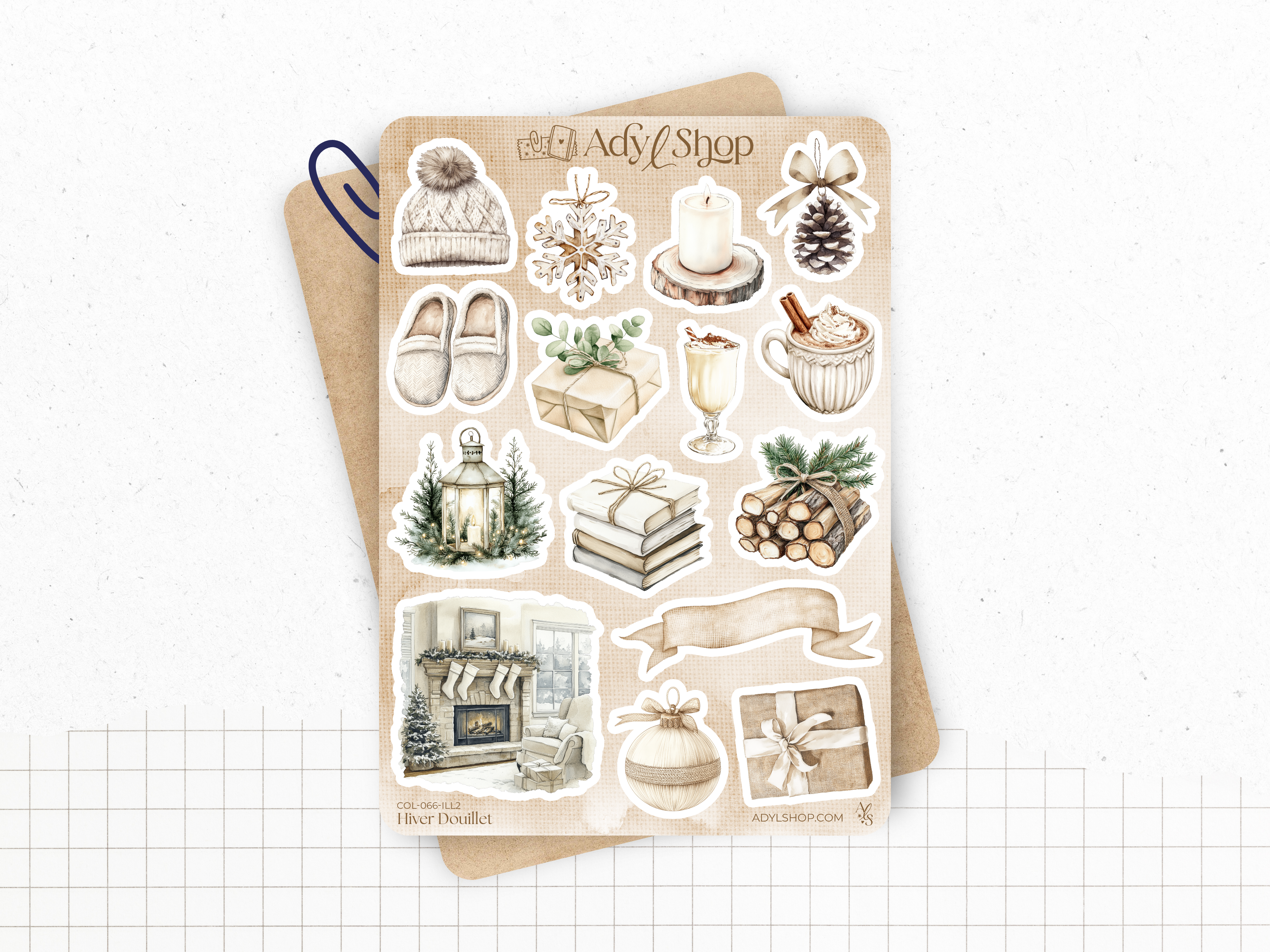 Planches de stickers "Hiver Douillet" - Autocollants sur le thème de l'hiver : un hiver au chaud, cozy - Bullet Journal