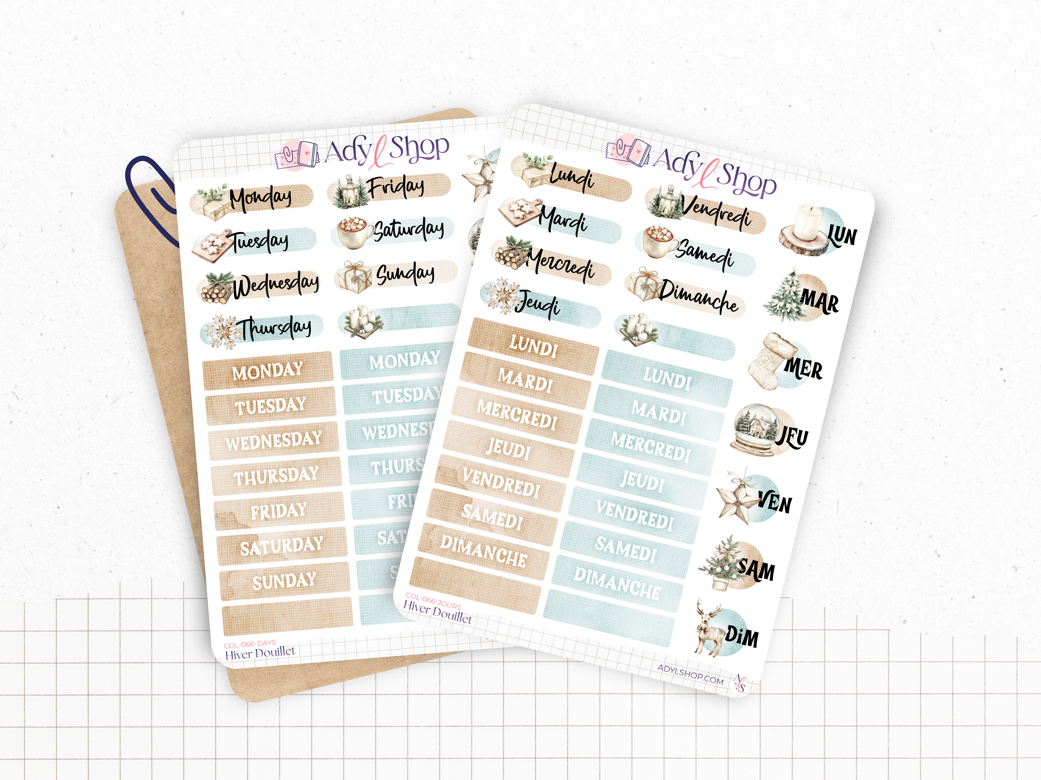 Planches de stickers "Hiver Douillet" - Autocollants sur le thème de l'hiver : un hiver au chaud, cozy - Jours de la semaine - Bullet Journal