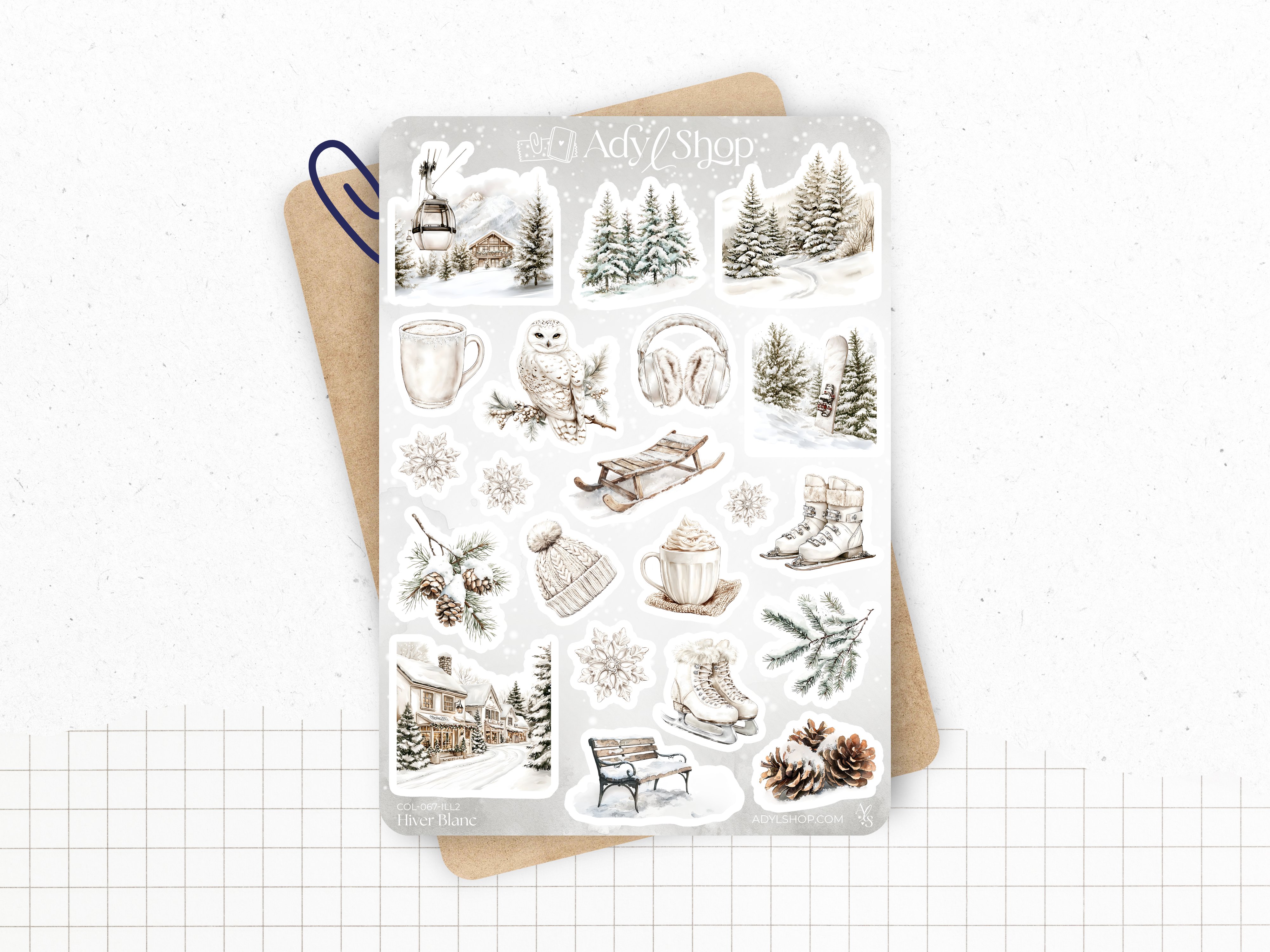 Planches de Stickers "Hiver Blanc" - Autocollants sur le thème de l'hiver : neige, froid, vacances au ski - Bullet Journal & Planner