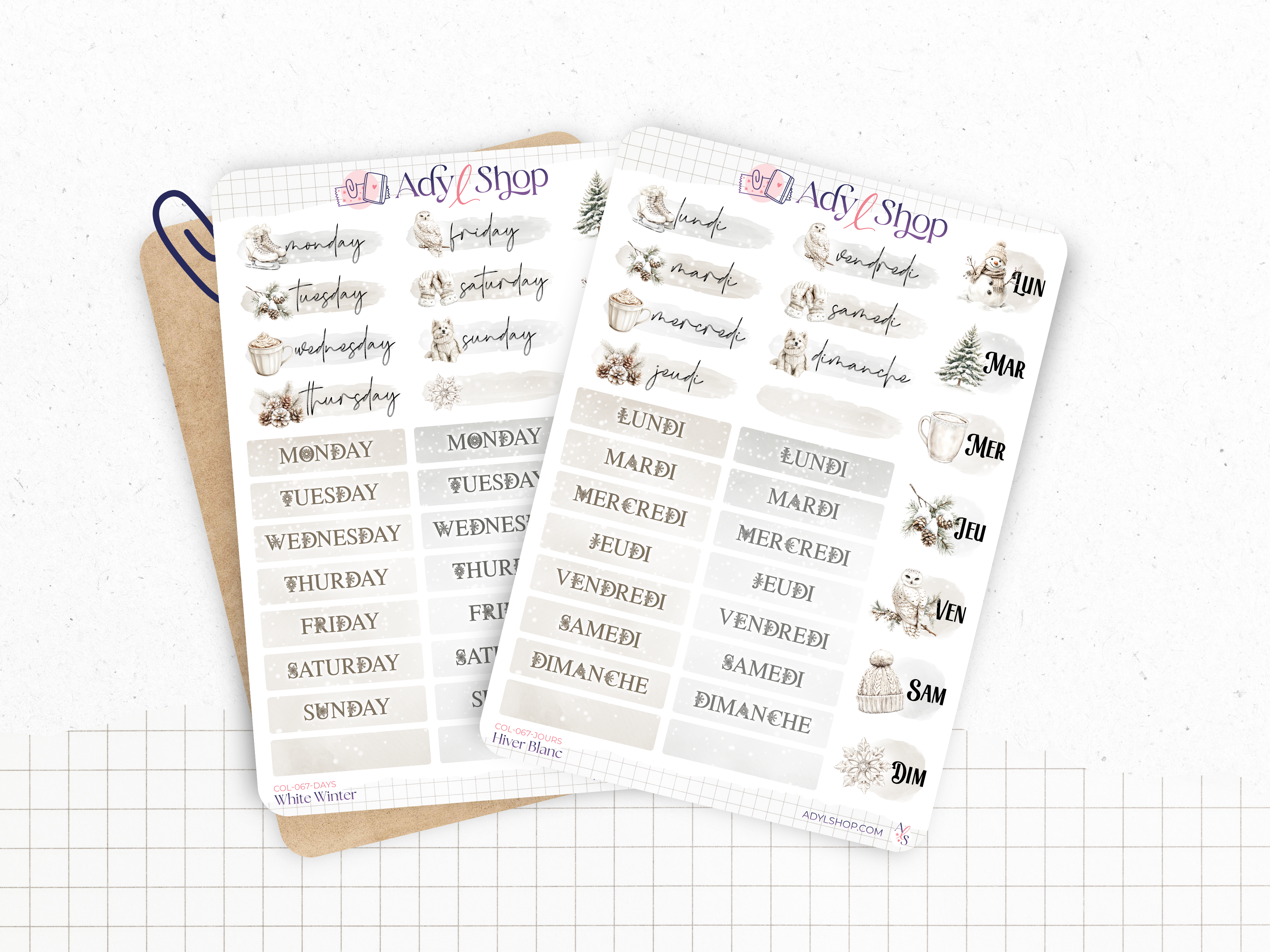 Planches de Stickers "Hiver Blanc" - Autocollants sur le thème de l'hiver : neige, froid, vacances au ski - Jours de la semaine - Bullet Journal & Planner
