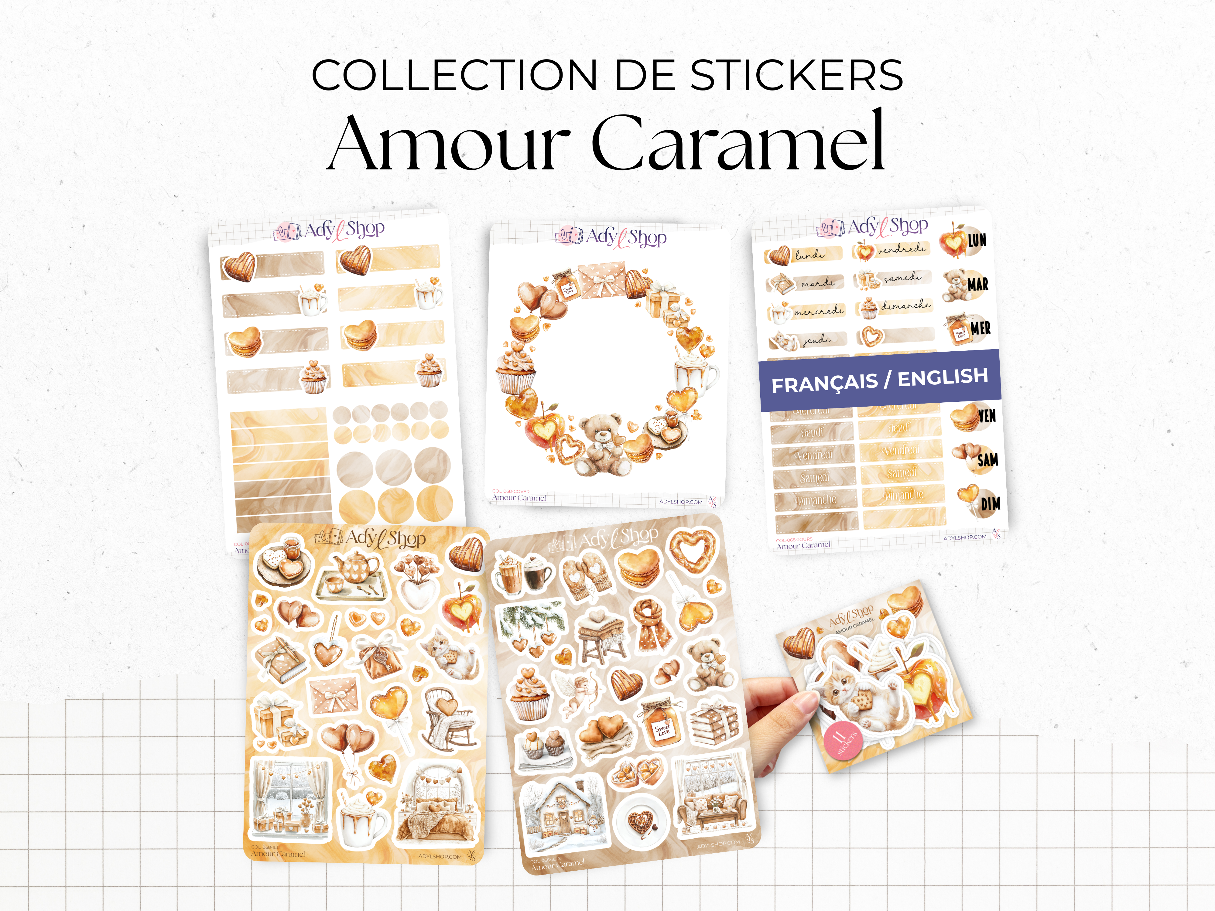 Collection de stickers "Amour Caramel" - Autocollants sur le thème de la gourmandise et de l'amour : bonbon, Saint-Valentin - Bullet Journal & Planner