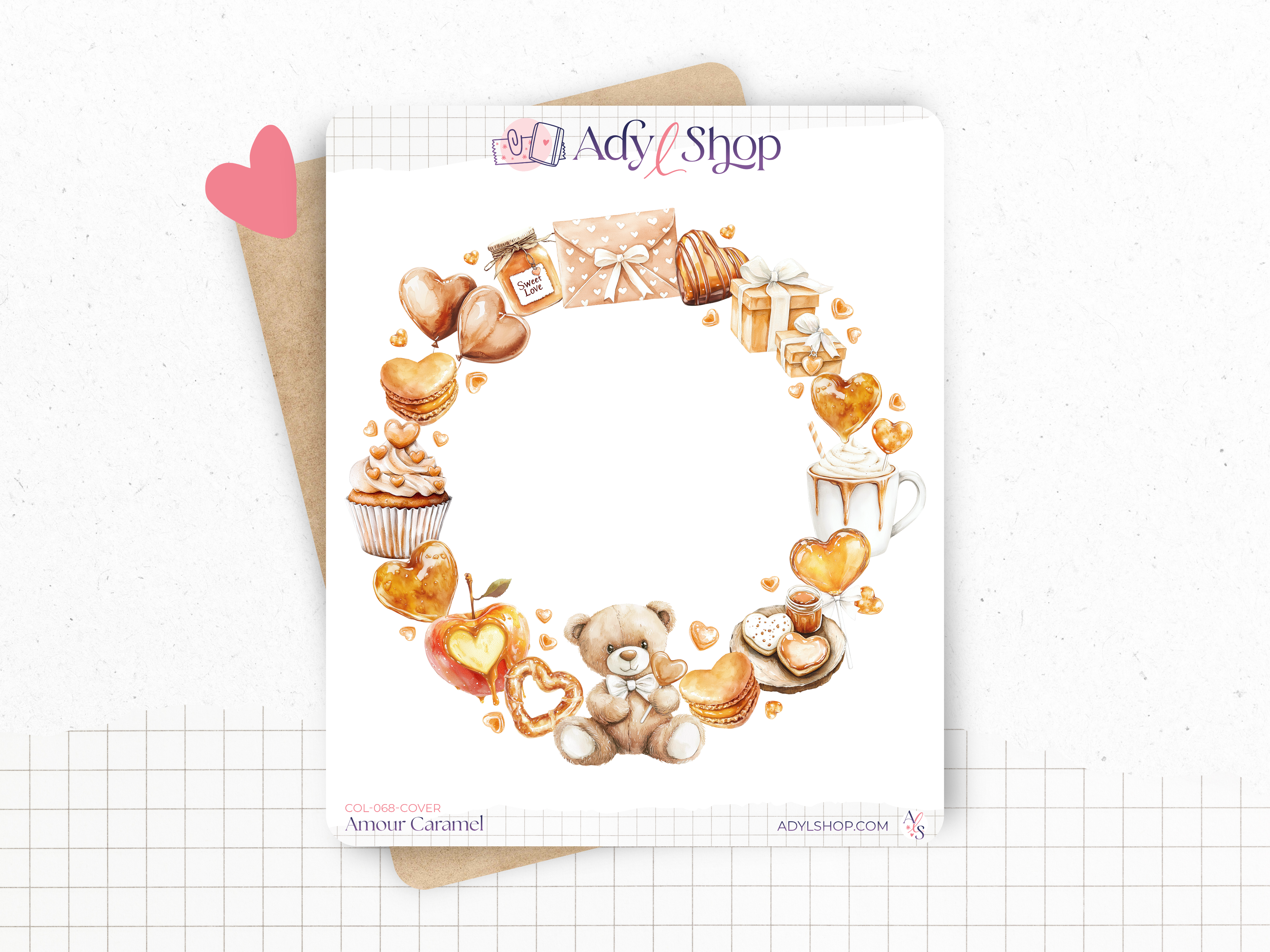 Planches de stickers "Amour Caramel" - Autocollants sur le thème de la gourmandise et de l'amour : bonbon, Saint-Valentin - Bullet Journal & Planner