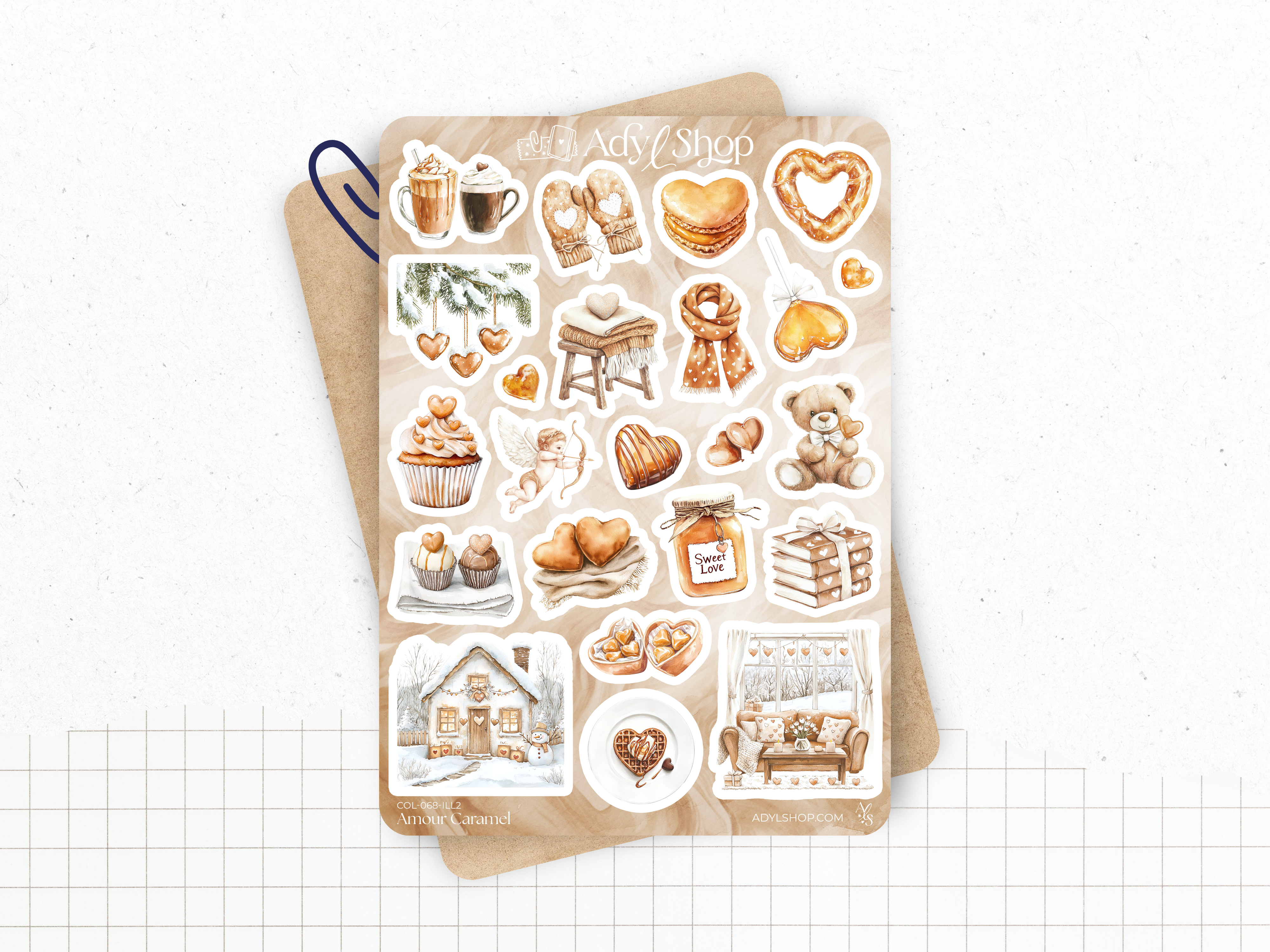 Planches de stickers "Amour Caramel" - Autocollants sur le thème de la gourmandise et de l'amour : bonbon, Saint-Valentin - Bullet Journal & Planner