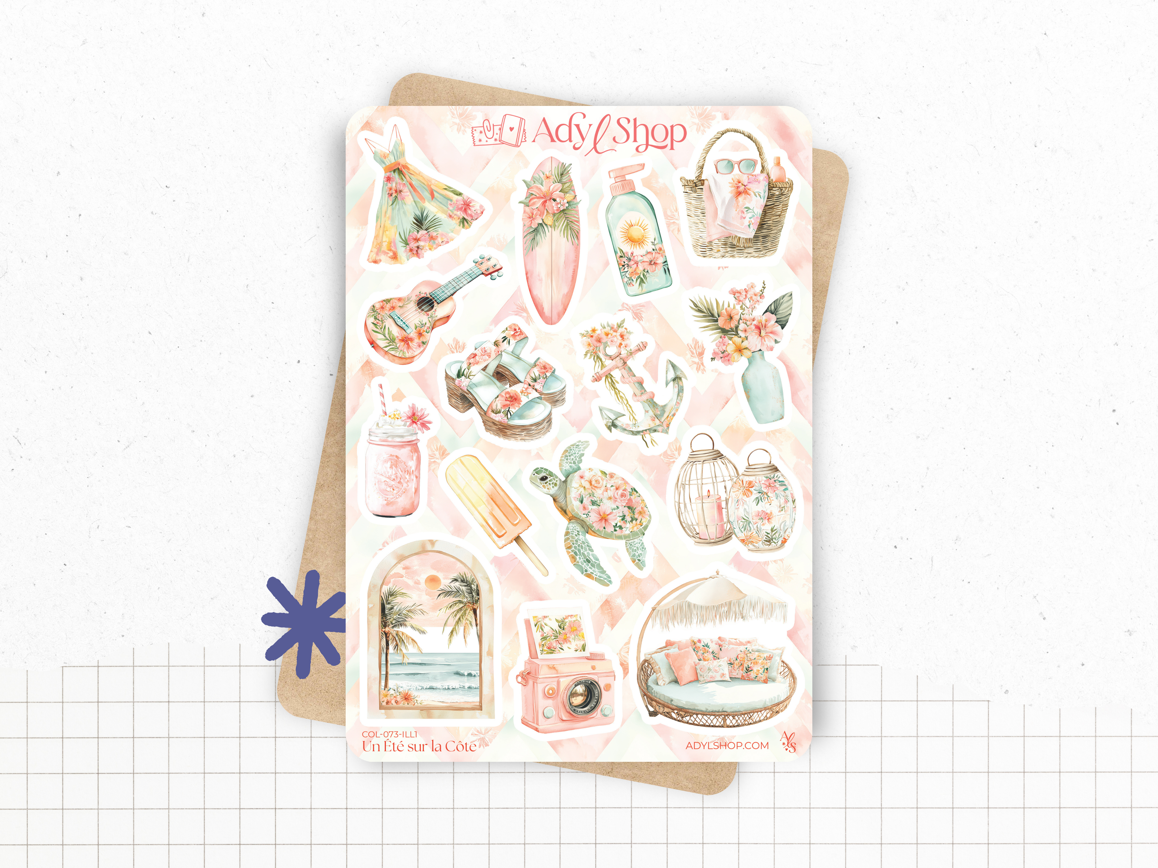 Planches de stickers "Un Été sur la Côte" - Autocollants sur le thème de l'été, des vacances à la plage - Bullet Journal, journaling