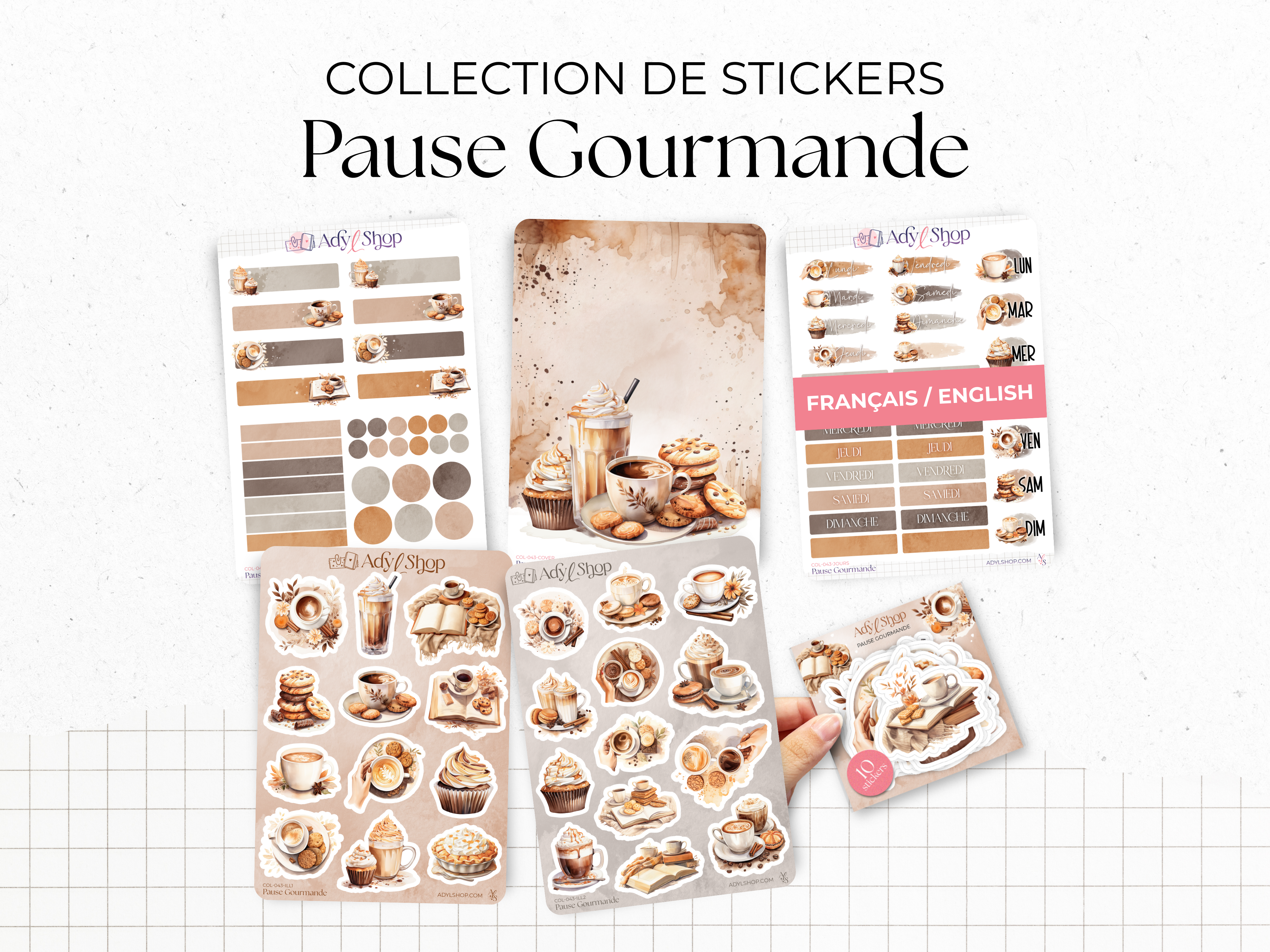 Complete collection of stickers - "Sweet Treats" - Watercolor illustrations : coffee, chocolate, cozy break, latte - Bullet Journal / Planner sticker sheet