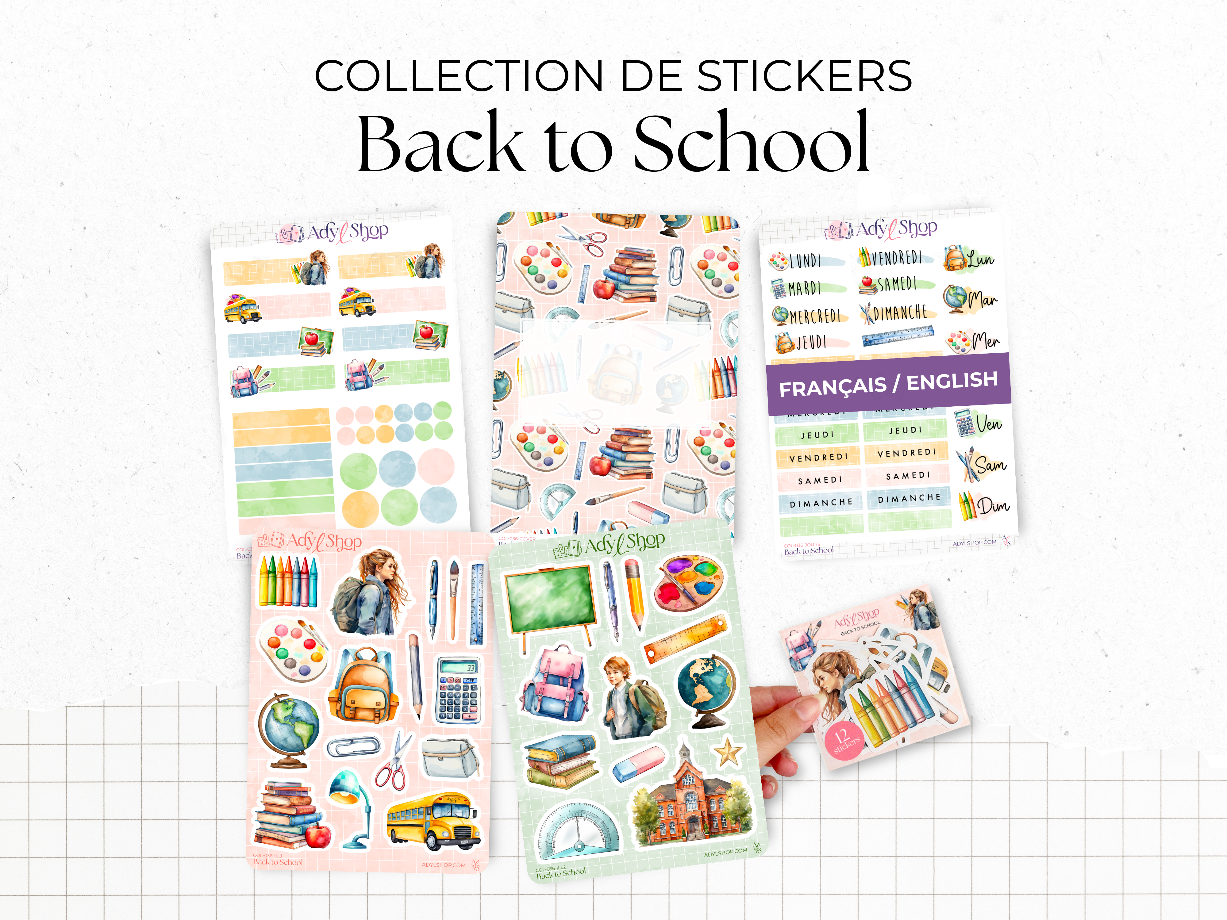 Complete collection "Back to School" - Watercolor illustrations : school supplies, stationery, art - Bullet Journal / Planner sticker sheet