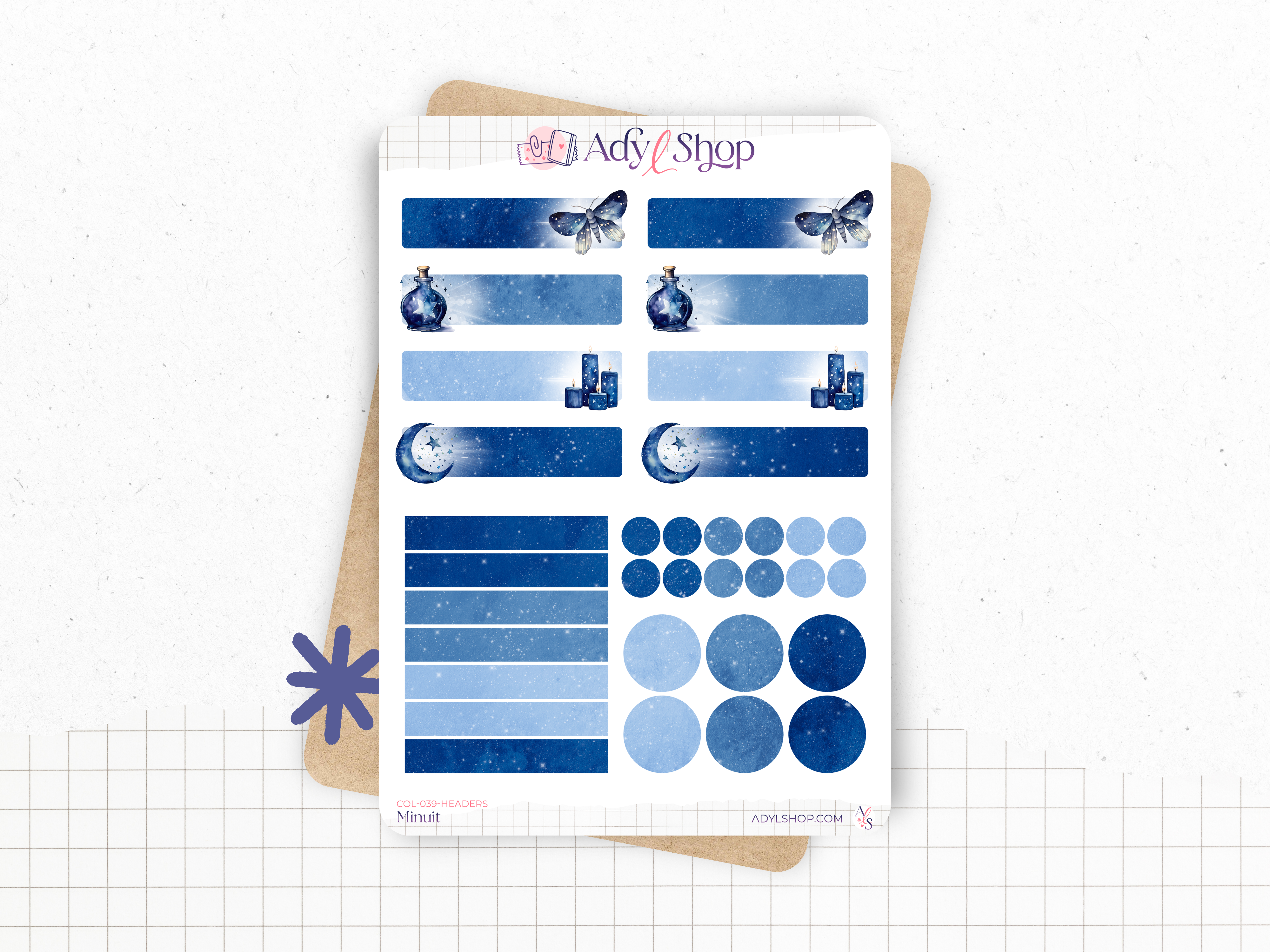 Sticker sheets - "Midnight" - Watercolor illustrations : magic, witchcraft, Halloween - Headers - Bullet Journal / Planner sticker sheet