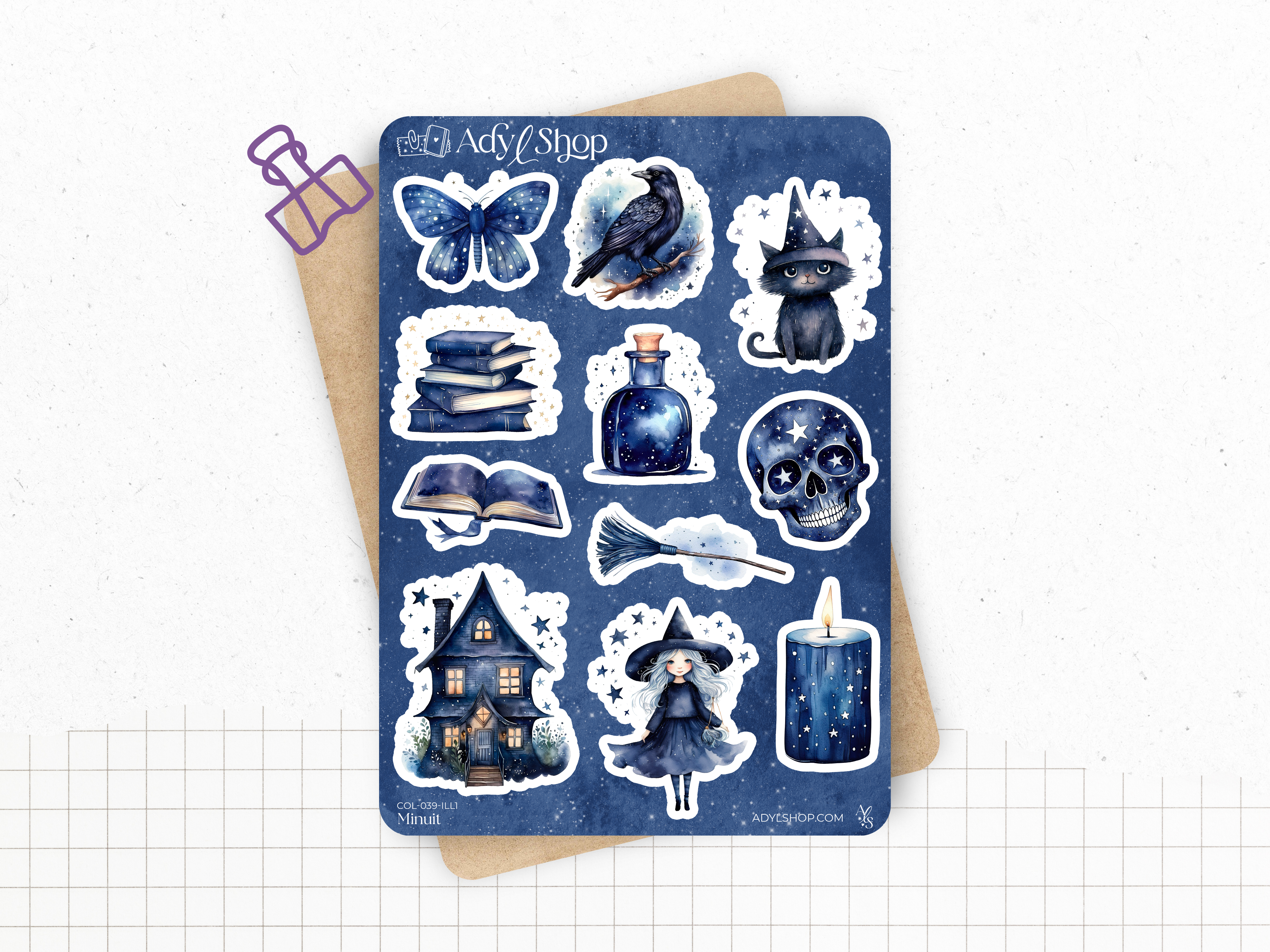 Sticker sheets - "Midnight" - Watercolor illustrations : magic, witchcraft, Halloween - Bullet Journal / Planner sticker sheet