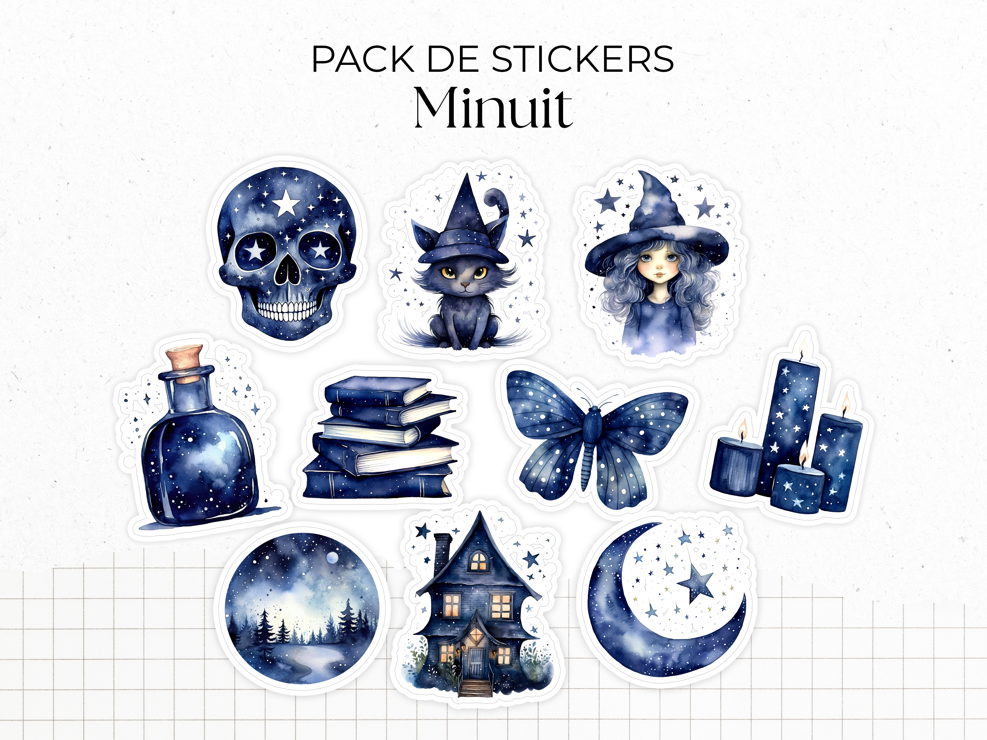 Sticker pack - "Midnight" - Watercolor illustrations : magic, witchcraft, Halloween - 10 die-cut stickers - Bullet Journal / Planner sticker sheet