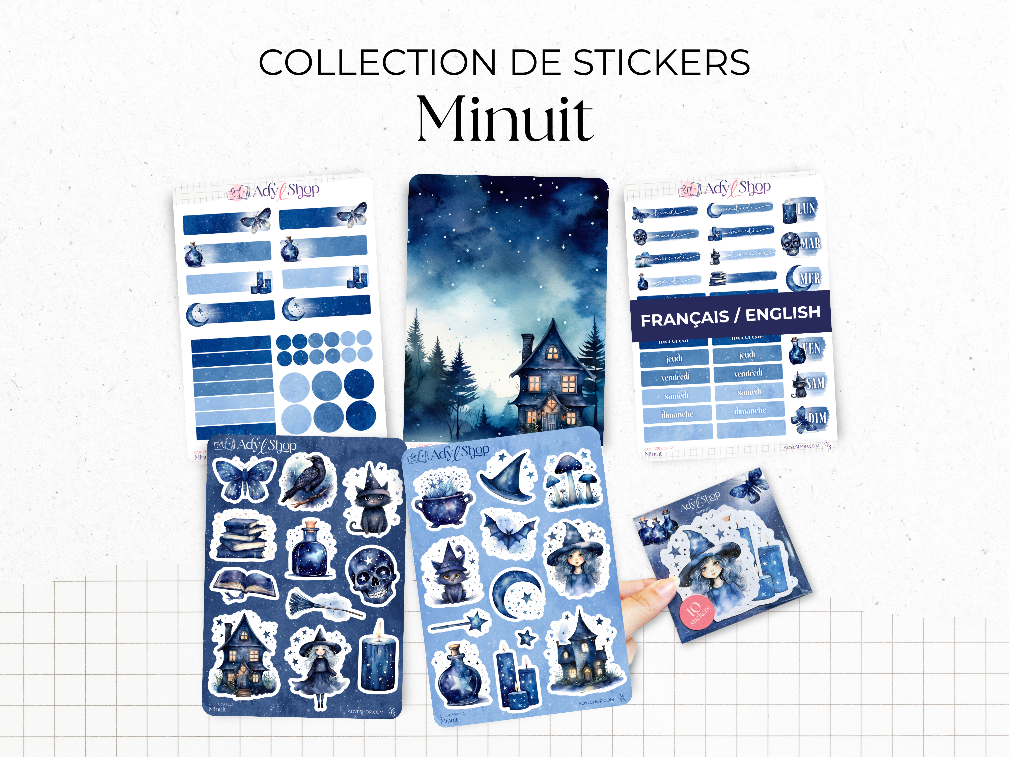 Full collection - "Midnight" - Watercolor illustrations : magic, witchcraft, Halloween - Bullet Journal / Planner sticker sheet