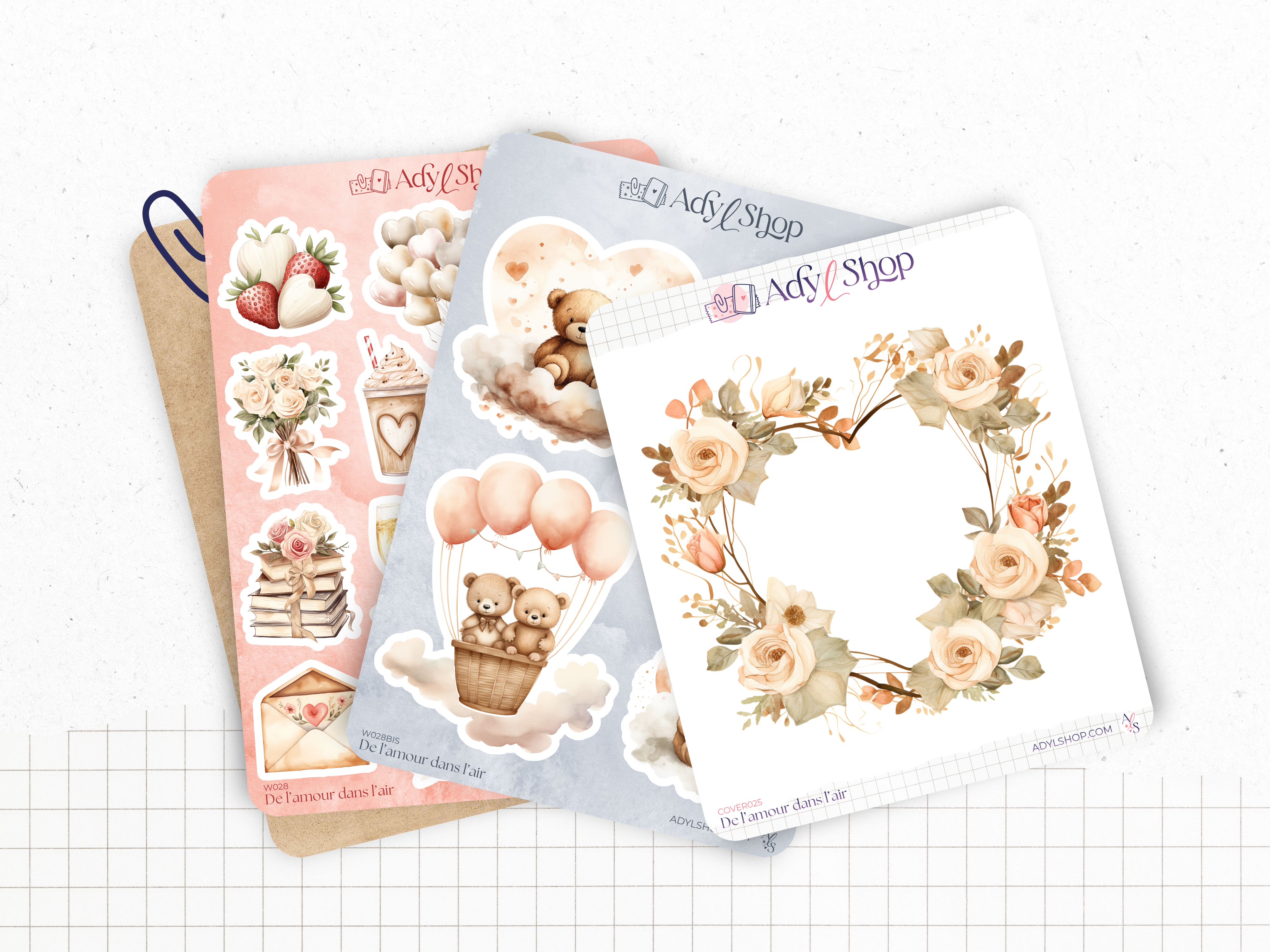 Sticker sheets - "Love is in the air" - Watercolor illustrations: love, Valentine's Day, hearts - Bullet Journal / Planner sticker sheet