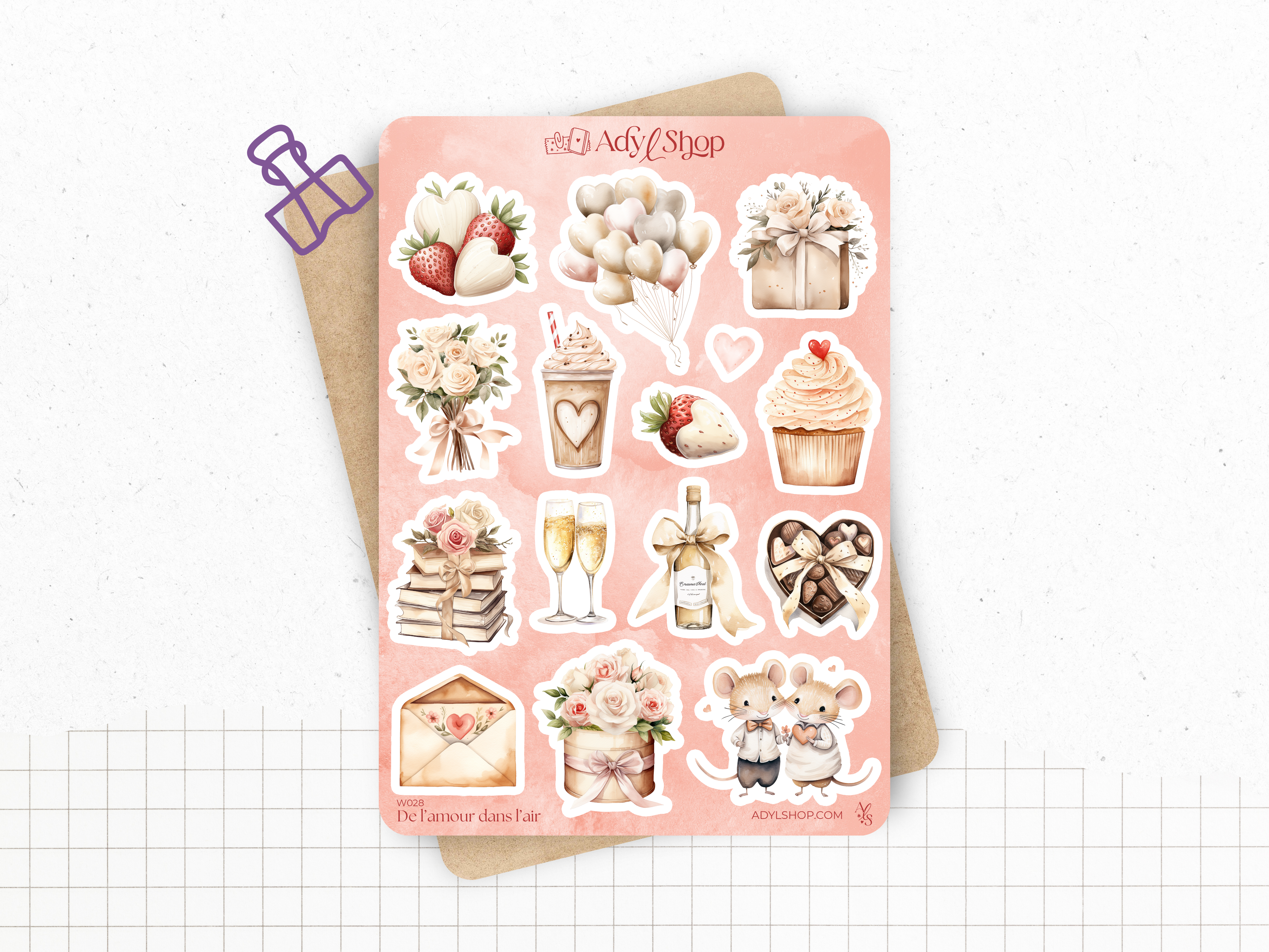 Sticker sheets - "Love is in the air" - Watercolor illustrations: love, Valentine's Day, hearts - Bullet Journal / Planner sticker sheet