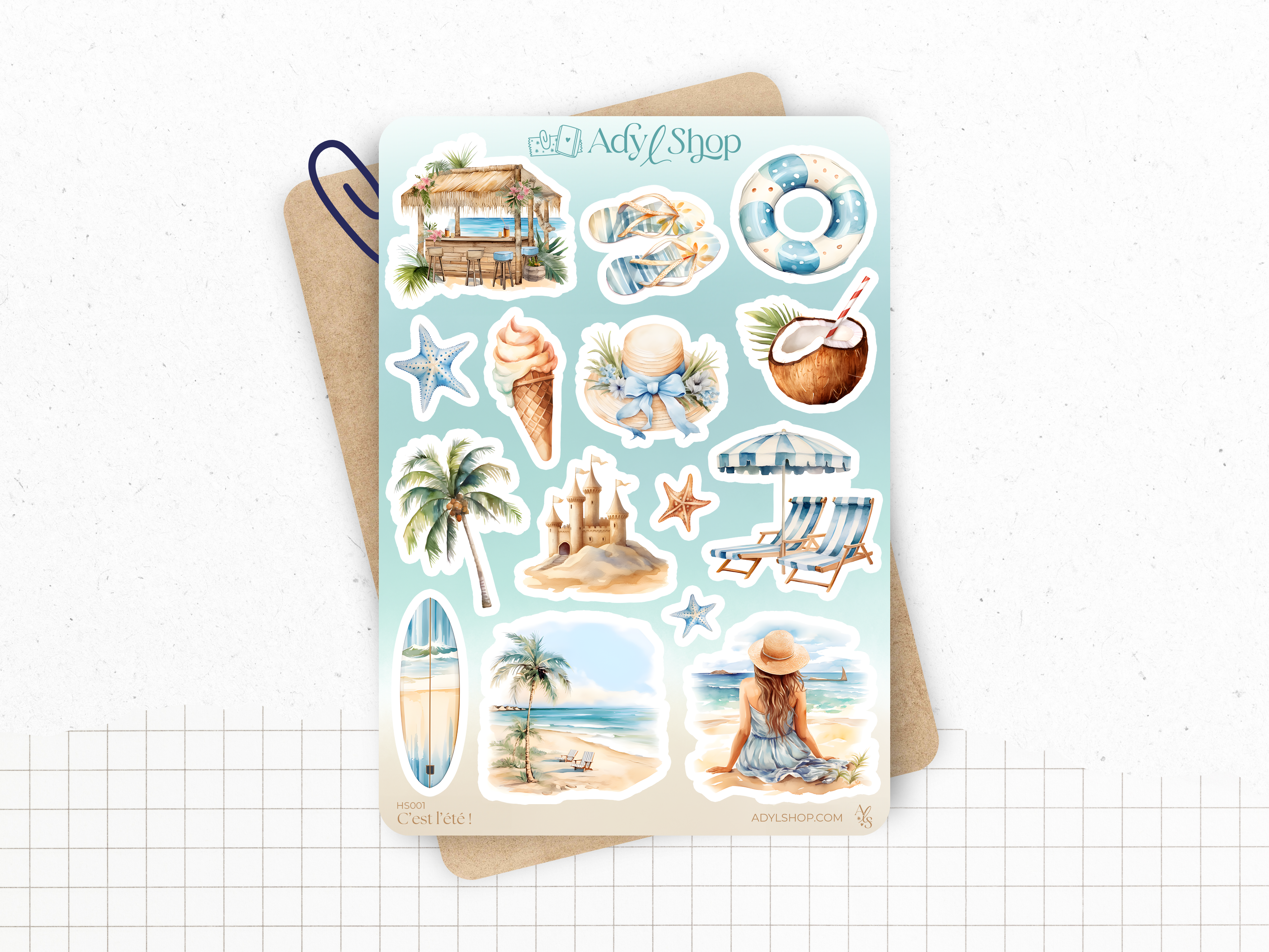 Sticker sheet - "Summer Time" - Watercolor doodles : summer, holidays, vacation, sun, beach - Bullet Journal / Planner sticker sheet