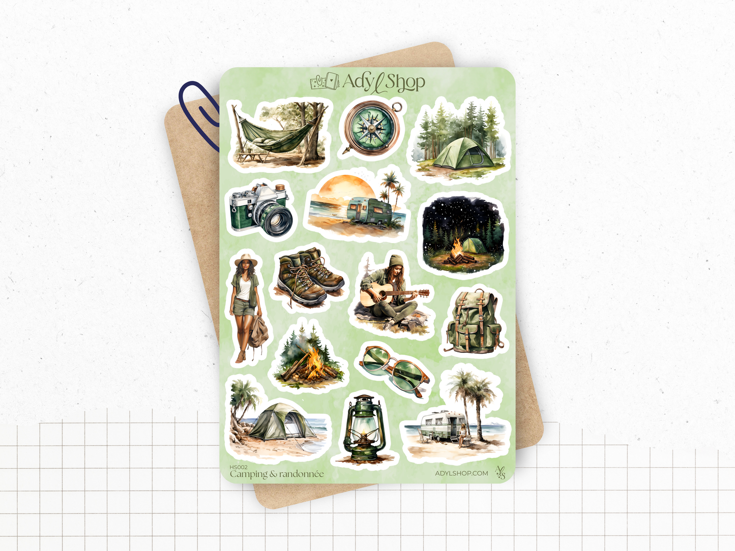 Sticker sheet - "Camping Trip" - Watercolor doodles : Camping, trekking, tent, fire, adventure - Bullet Journal / Planner sticker sheet