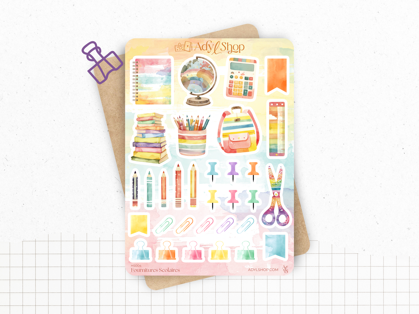 Sticker sheet - "School Supplies" - Watercolor pastel doodles : back to school, stationery, school - Bullet Journal / Planner sticker sheet