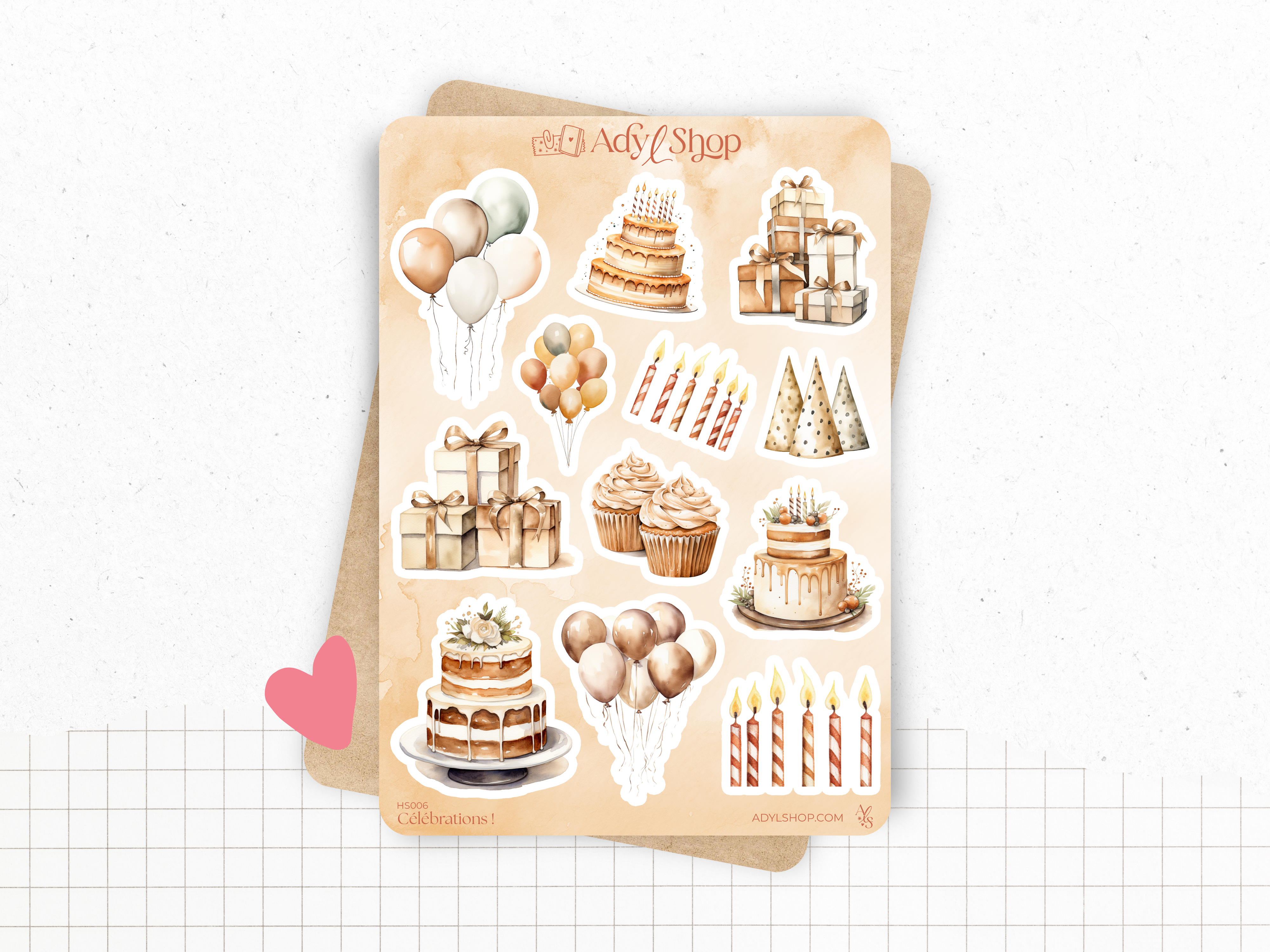 Sticker sheet - "Celebration!" - Watercolor illustrations : birthday, cake, party, balloons - Bullet Journal / Planner sticker sheet