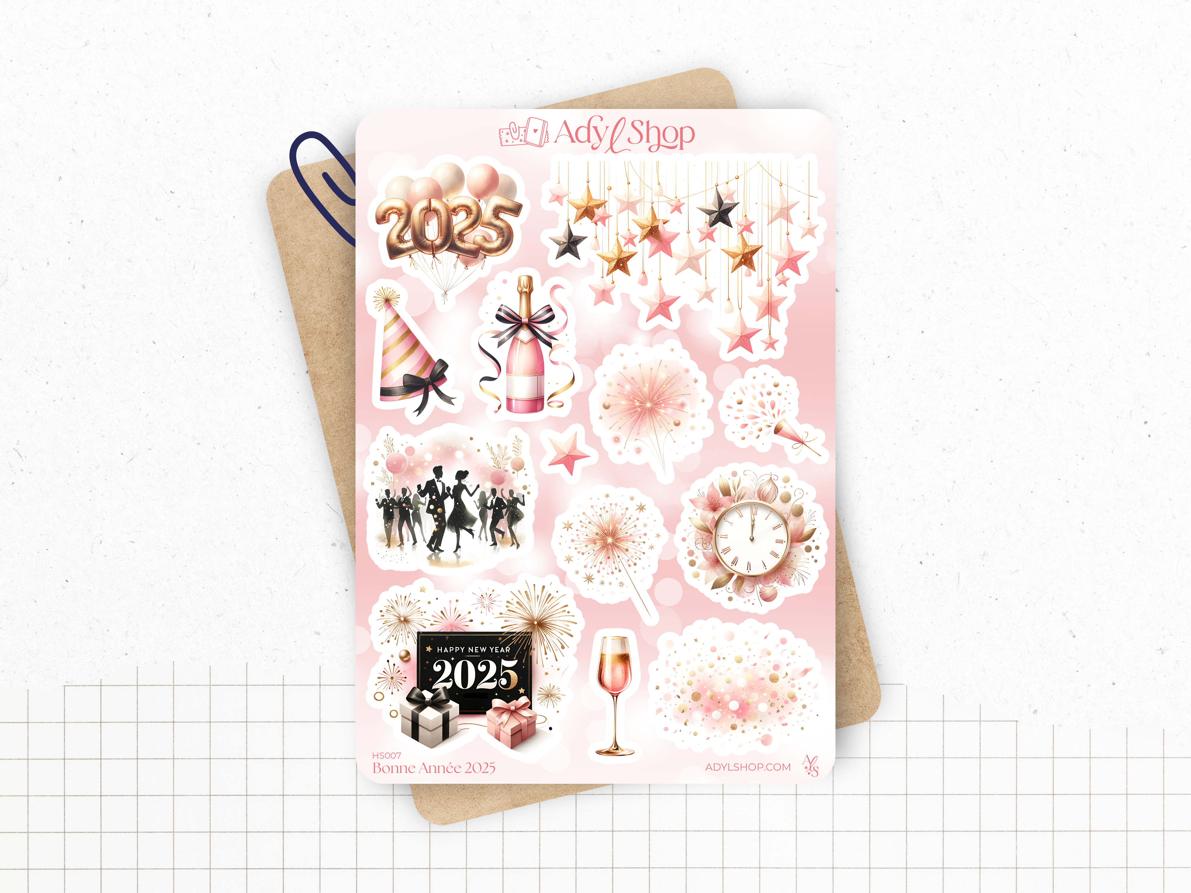 Stickers - "Happy New Year 2025" - Illustrations : New Year's Eve, party, fireworks, champagne - Bullet Journal & Planner sticker sheet