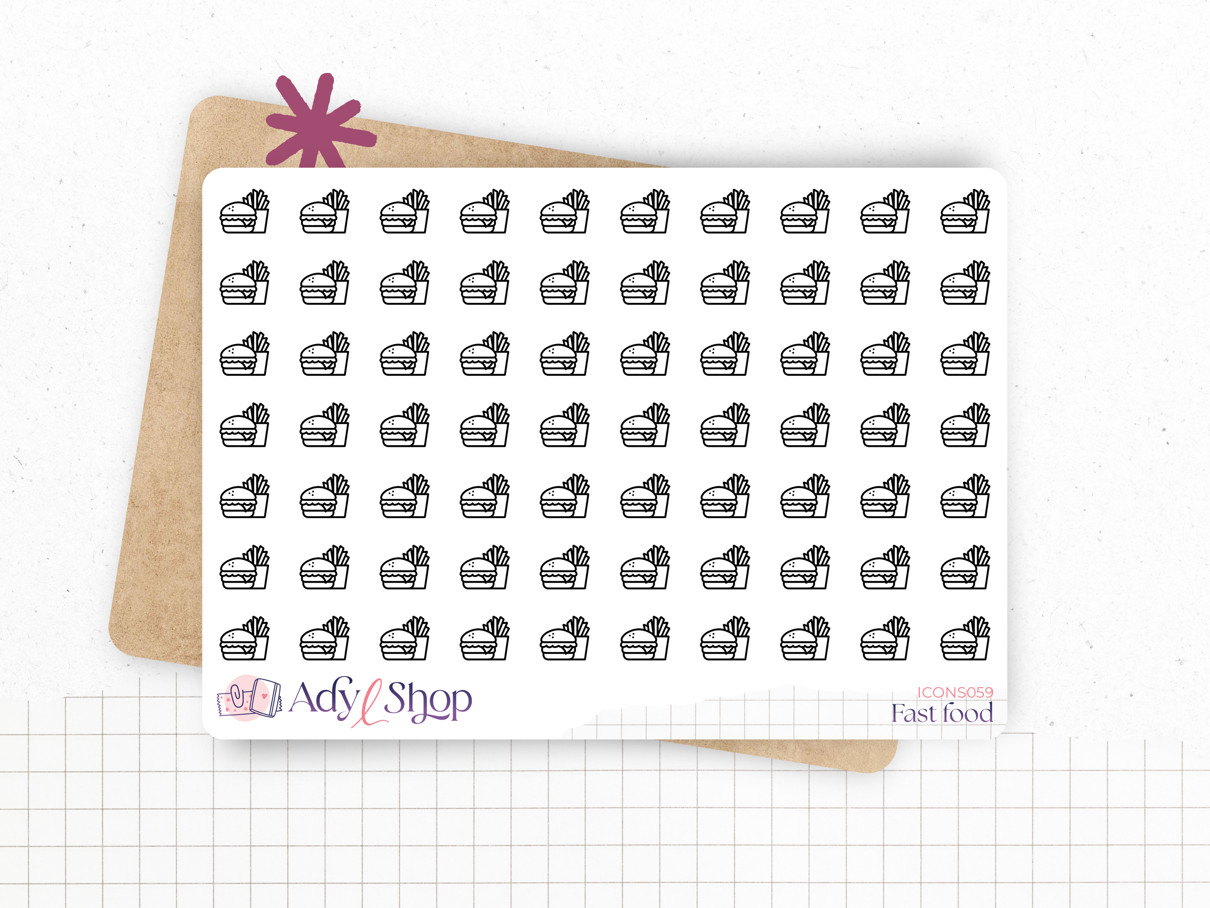 Mini icon stickers - Burger & Fries - Planner stickers - Minimal, functional stickers - Bullet Journal - Sticker sheet - 70 mini icons