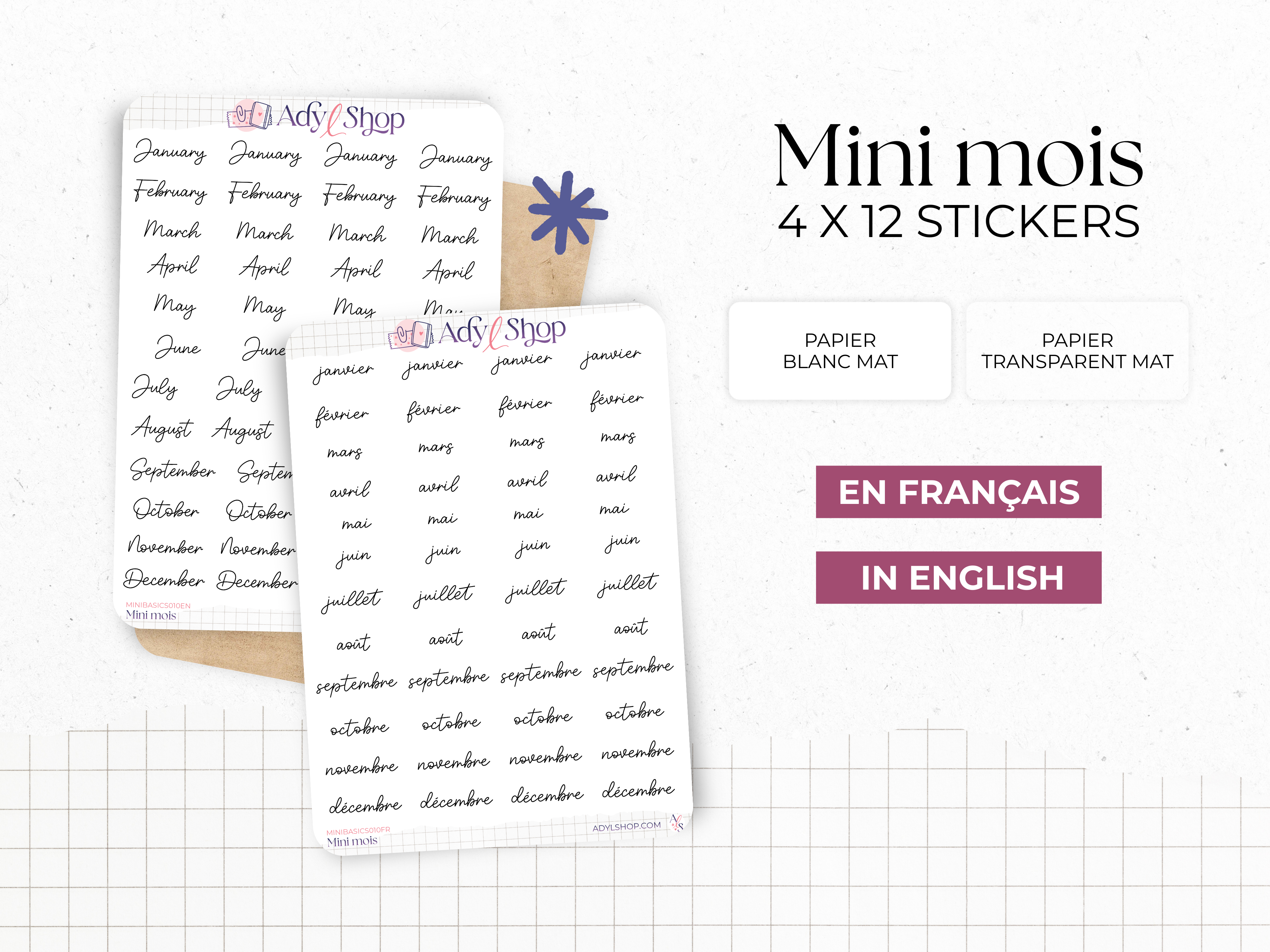 Mini script stickers - Months - Planner stickers - Minimal, functional stickers - Bullet Journal - Sticker sheet - 48 mini icons
