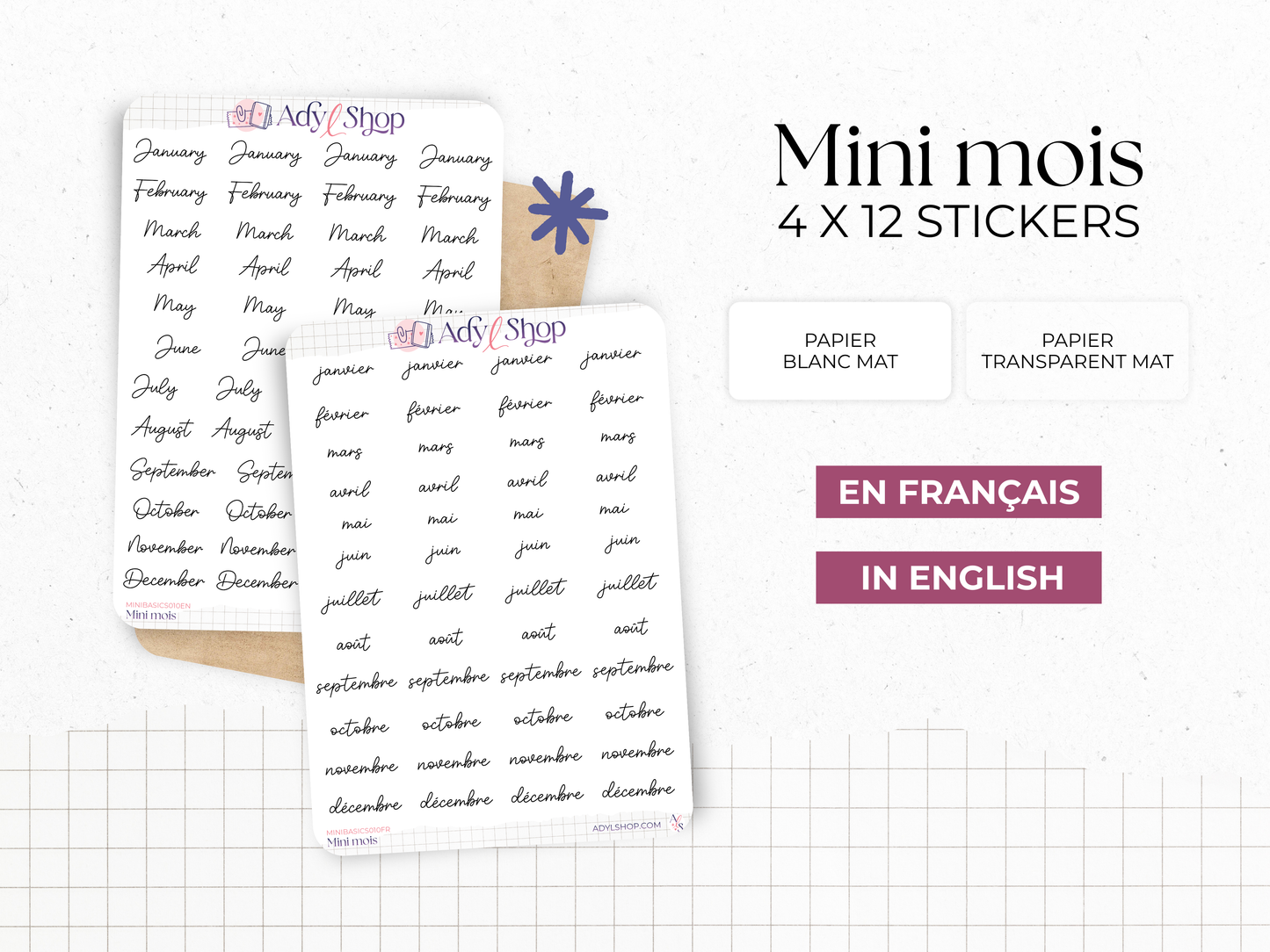 Mini script stickers - Months - Planner stickers - Minimal, functional stickers - Bullet Journal - Sticker sheet - 48 mini icons