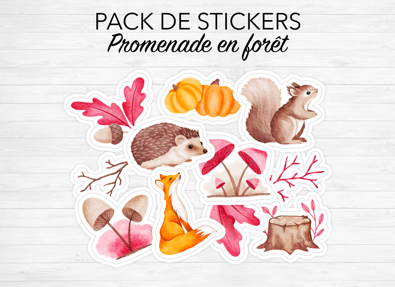 Pack de stickers "Promenade en forêt" - 11 grands autocollants (env. 5-6cm) - Papier mat blanc - Bullet Journal & Planner - Journaling