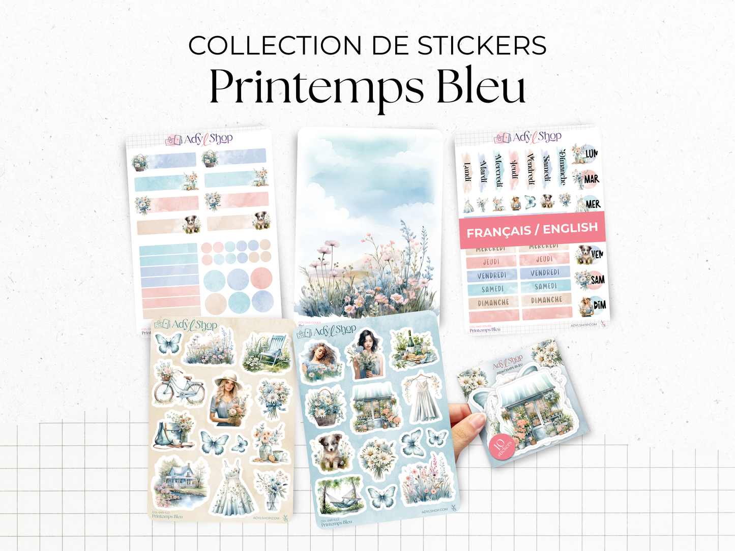 Planches de Stickers "Printemps Bleu" - Autocollants sur le thème du printemps, fleurs, papillons, tons bleutés - Jours de la semaine - Bullet Journal Planner