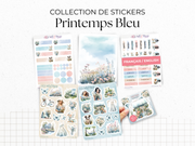 Planches de Stickers "Printemps Bleu" - Autocollants sur le thème du printemps, fleurs, papillons, tons bleutés - Jours de la semaine - Bullet Journal Planner