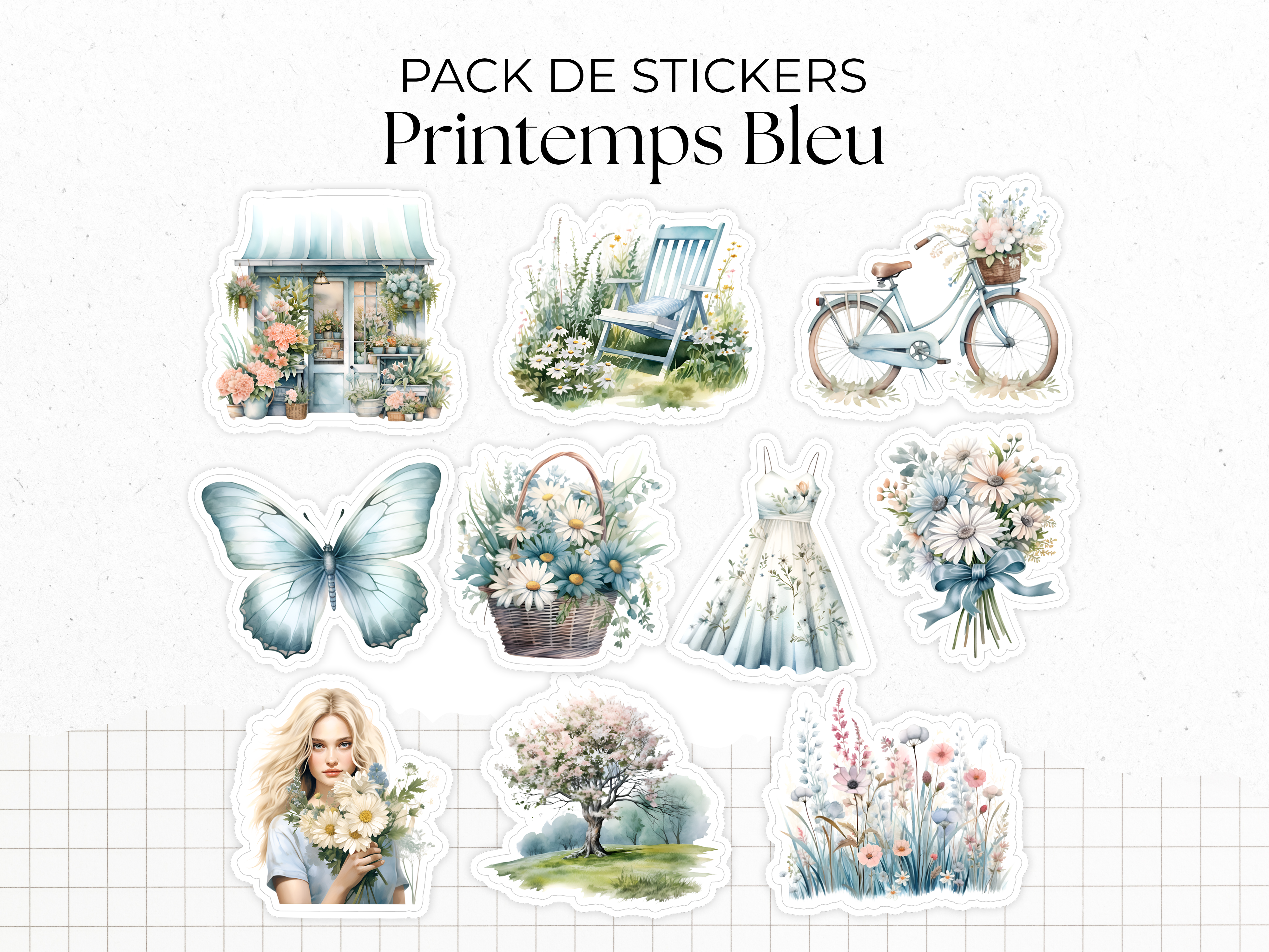 Sticker pack - "Blue Spring" - 10 die-cut stickers - Watercolor illustrations : spring, flowers, butterfly, pastel - Bullet Journal / Planner sticker sheet