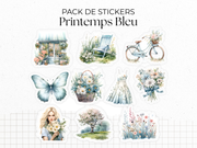 Planches de Stickers "Printemps Bleu" - Autocollants sur le thème du printemps, fleurs, papillons, tons bleutés - Jours de la semaine - Bullet Journal Planner