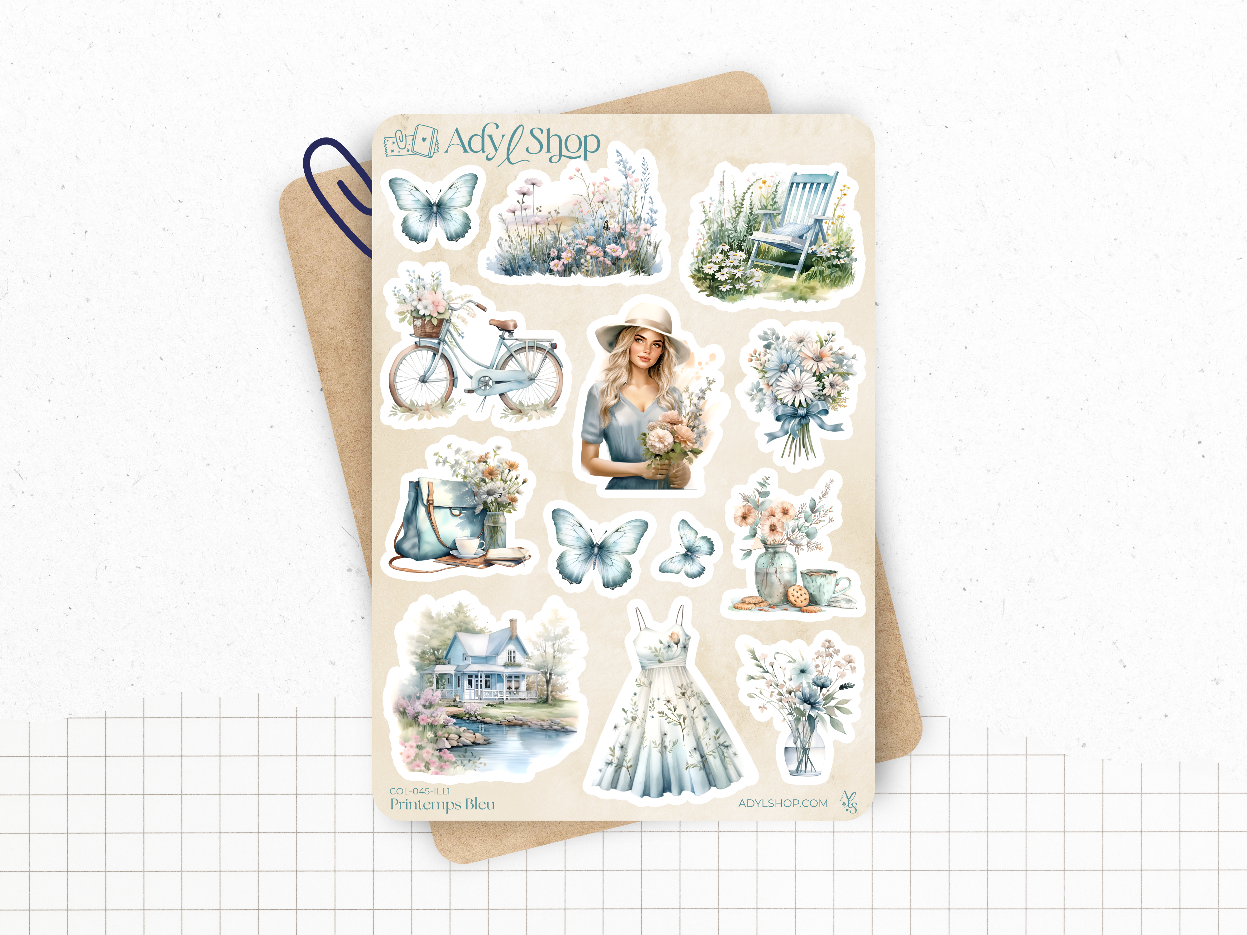 Sticker sheets - "Blue Spring" - Watercolor illustrations : spring, flowers, butterfly, pastel - Bullet Journal / Planner sticker sheet