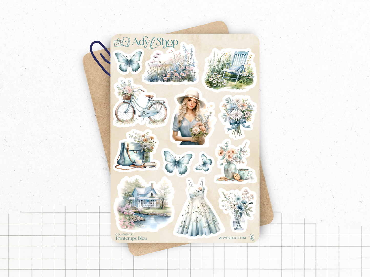 Planches de Stickers "Printemps Bleu" - Autocollants sur le thème du printemps, fleurs, papillons, tons bleutés - Jours de la semaine - Bullet Journal Planner