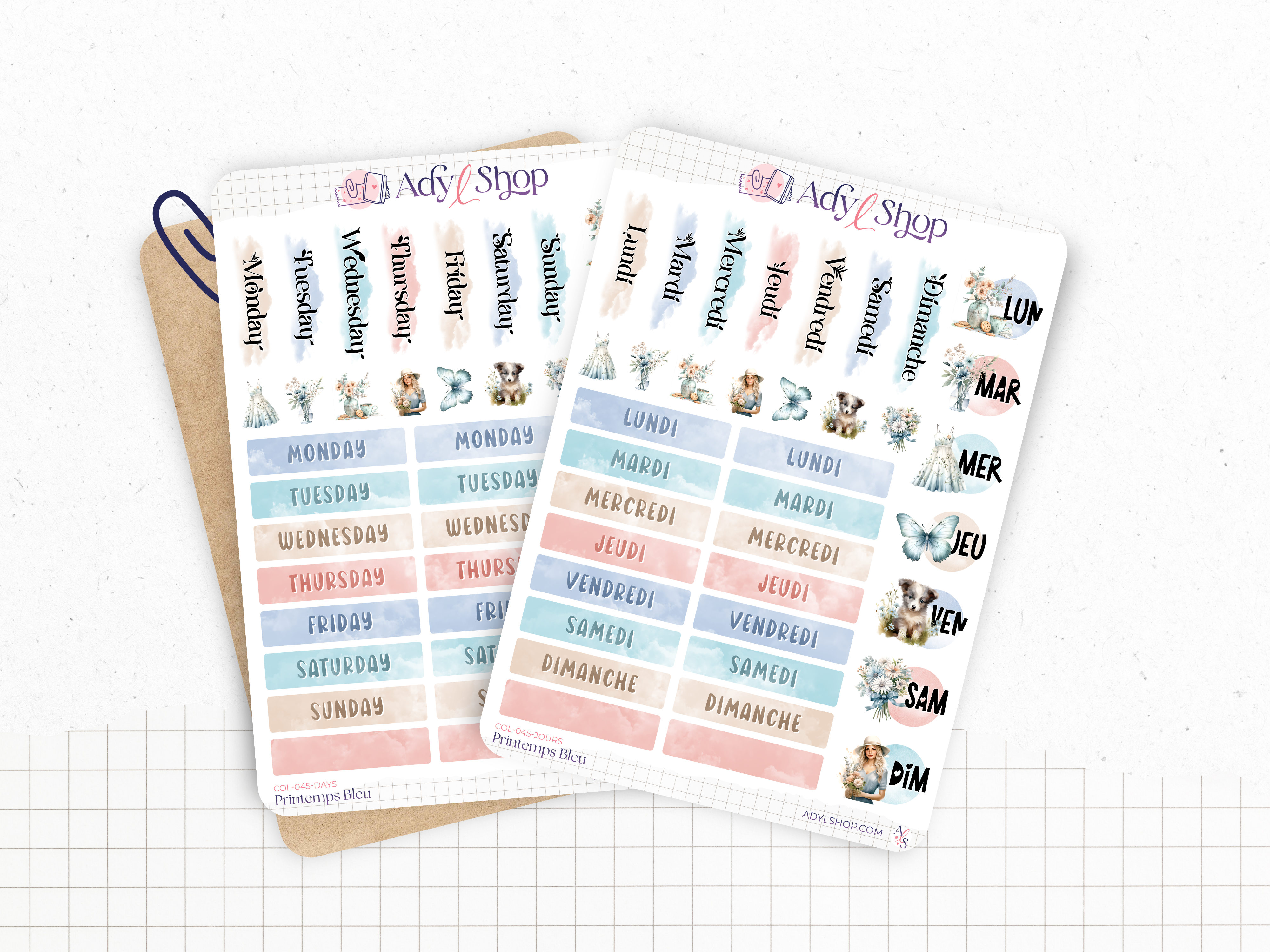 Sticker sheets - "Blue Spring" - Watercolor illustrations : spring, flowers, butterfly, pastel - Days of the week - Bullet Journal / Planner sticker sheet