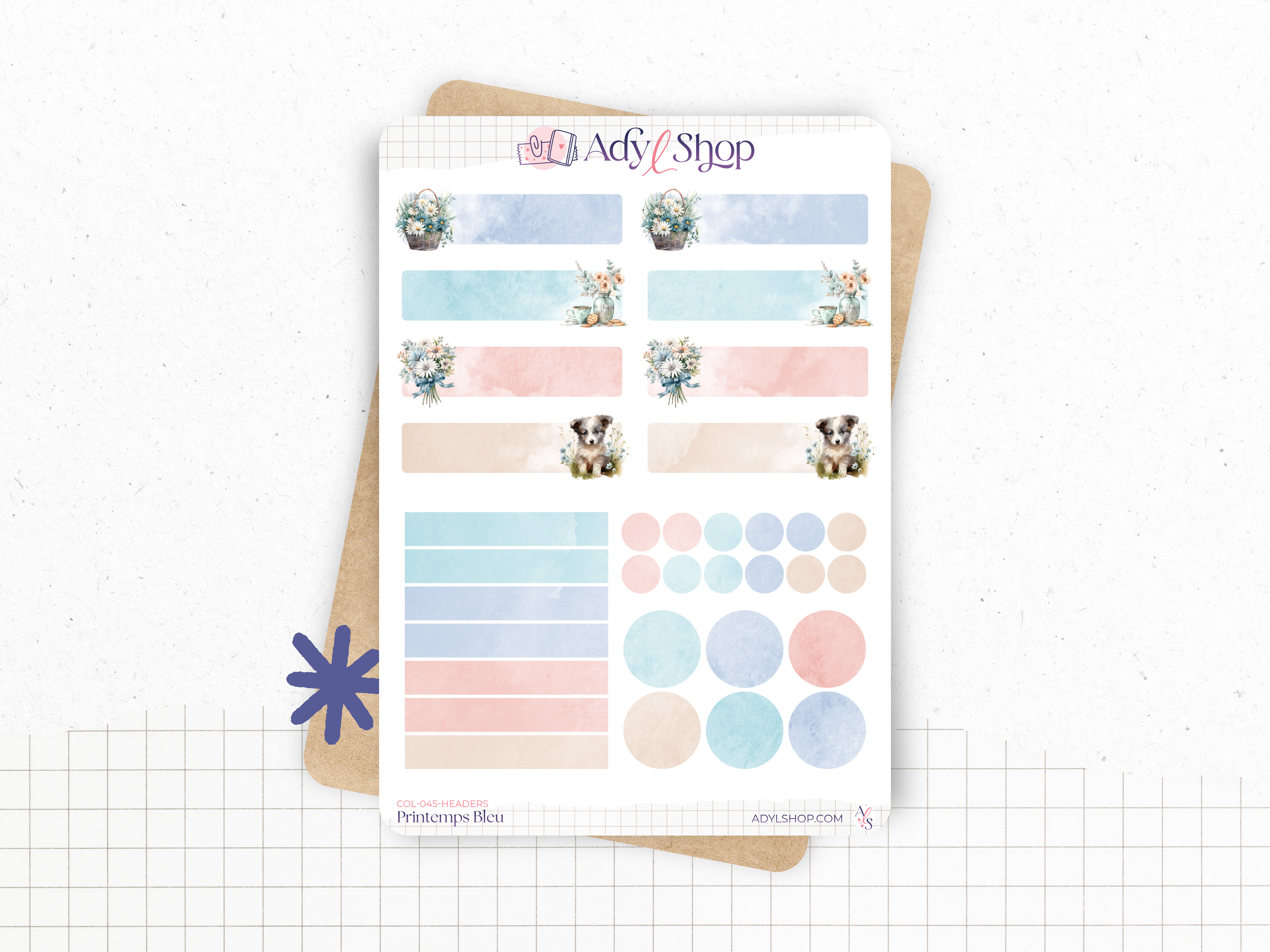 Sticker sheets - "Blue Spring" - Watercolor illustrations : spring, flowers, butterfly, pastel - Headers - Bullet Journal / Planner sticker sheet