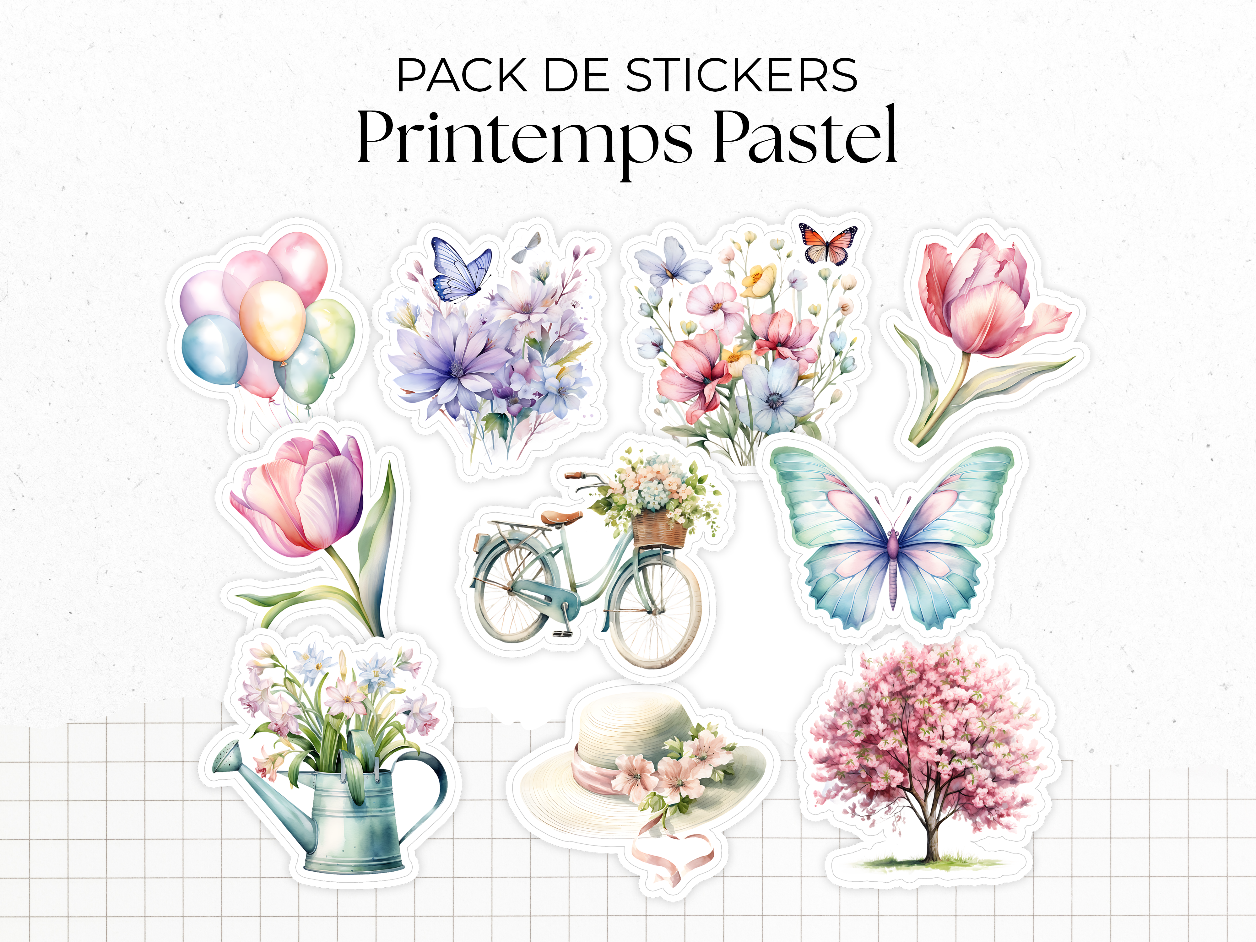 Sticker pack - "Pastel Spring" - Watercolor illustrations : spring, flowers, butterfly, pastel - 10 die-cut stickers - Bullet Journal / Planner sticker sheet