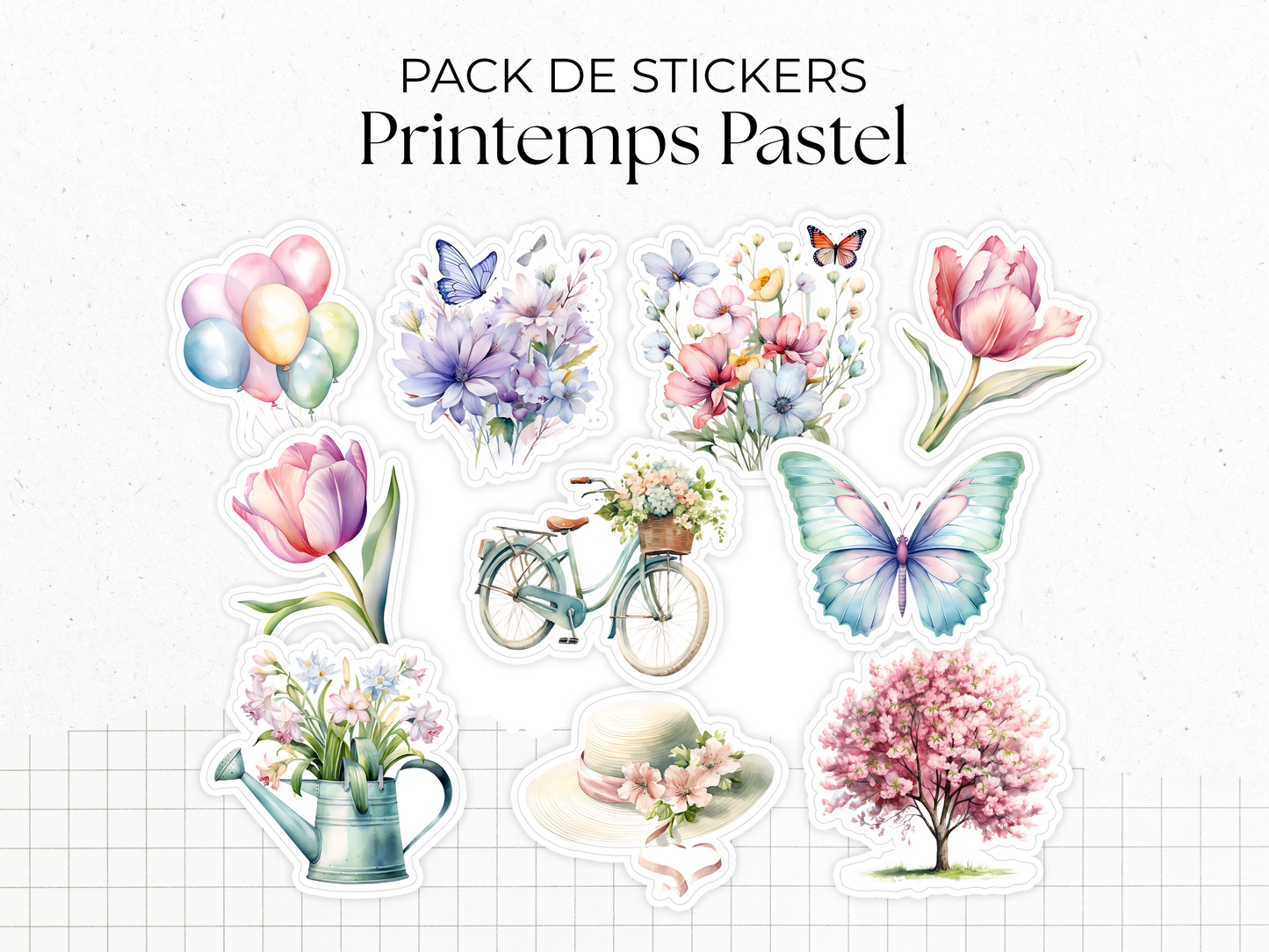 Planches de Stickers "Printemps Pastel" - Autocollants sur le thème du printemps, fleurs, papillons, couleurs pastel -Bullet Journal Planner