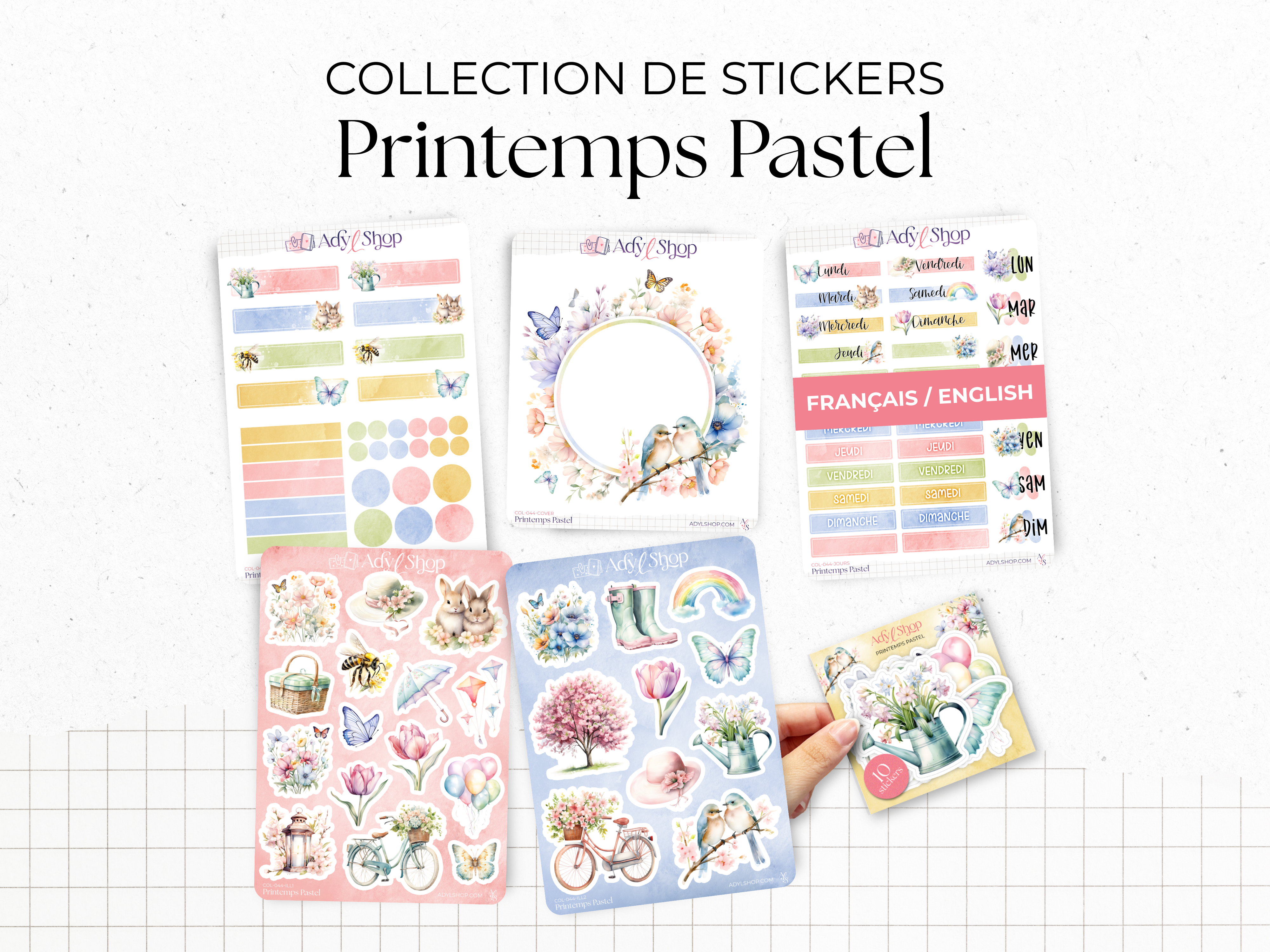 Collection of sticker sheets - "Pastel Spring" - Watercolor illustrations : spring, flowers, butterfly, pastel - Bullet Journal / Planner sticker sheet