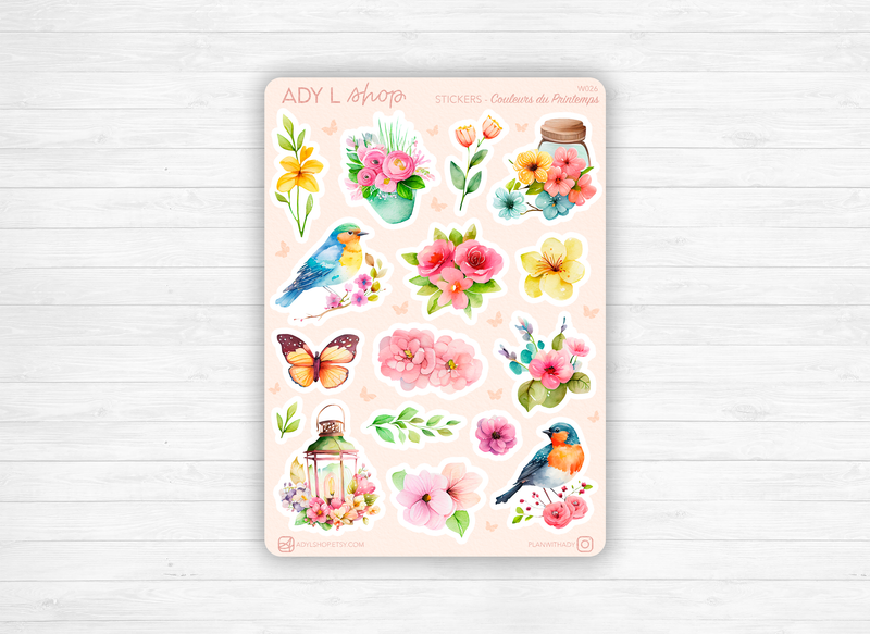 Planche Stickers "Couleurs du Printemps" - Autocollants sur le thème du printemps, fleurs, oiseaux, papillons - Bullet Journal / Planner