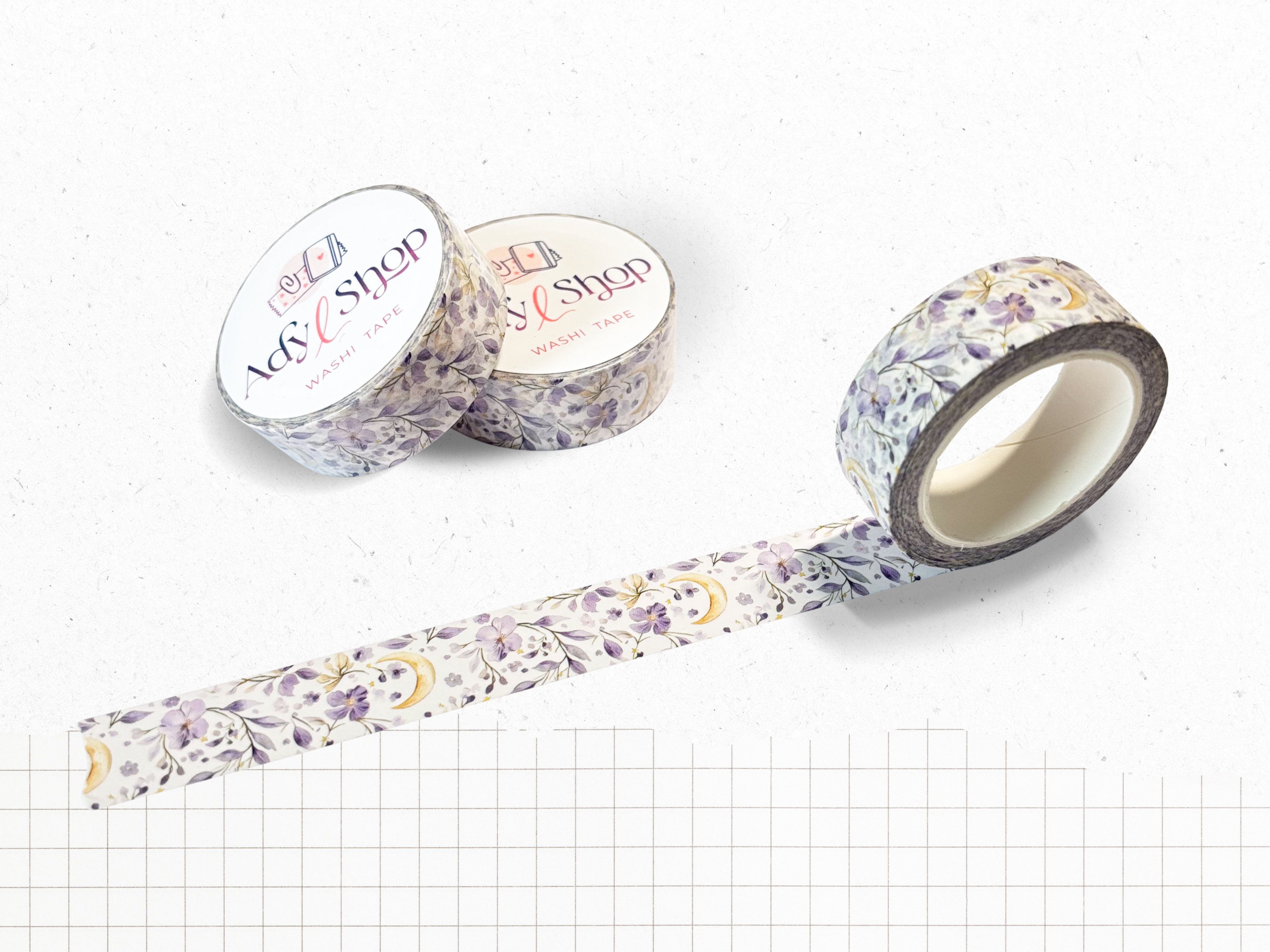 Washi tape "Enchanté" - Rouleau de papier adhésif décoratif sur le thème du printemps - Motif floral et lunes (15mm x 10m)