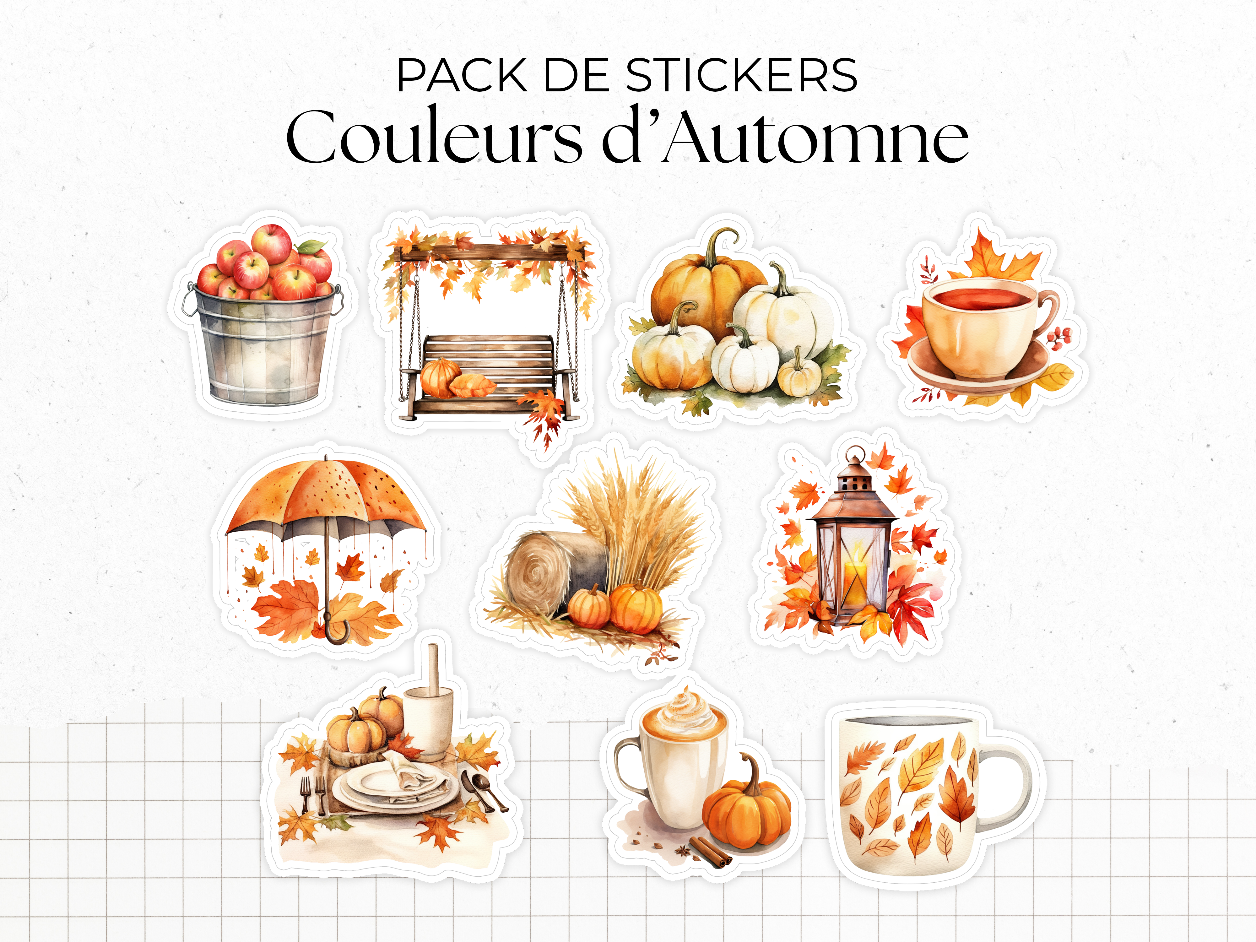 Sticker pack - "Colors of Fall" - Watercolor illustrations : autumn, pumpkin, leaves, coffee - Bullet Journal / Planner sticker sheet