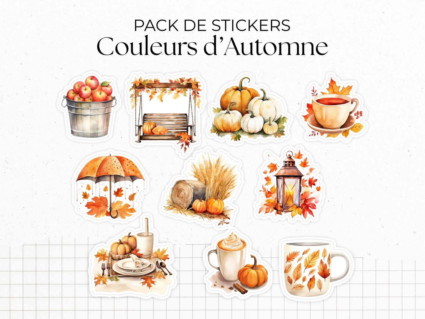 Sticker sheets - "Colors of Fall" - Watercolor illustrations : autumn, pumpkin, leaves, coffee - Bullet Journal / Planner sticker sheet