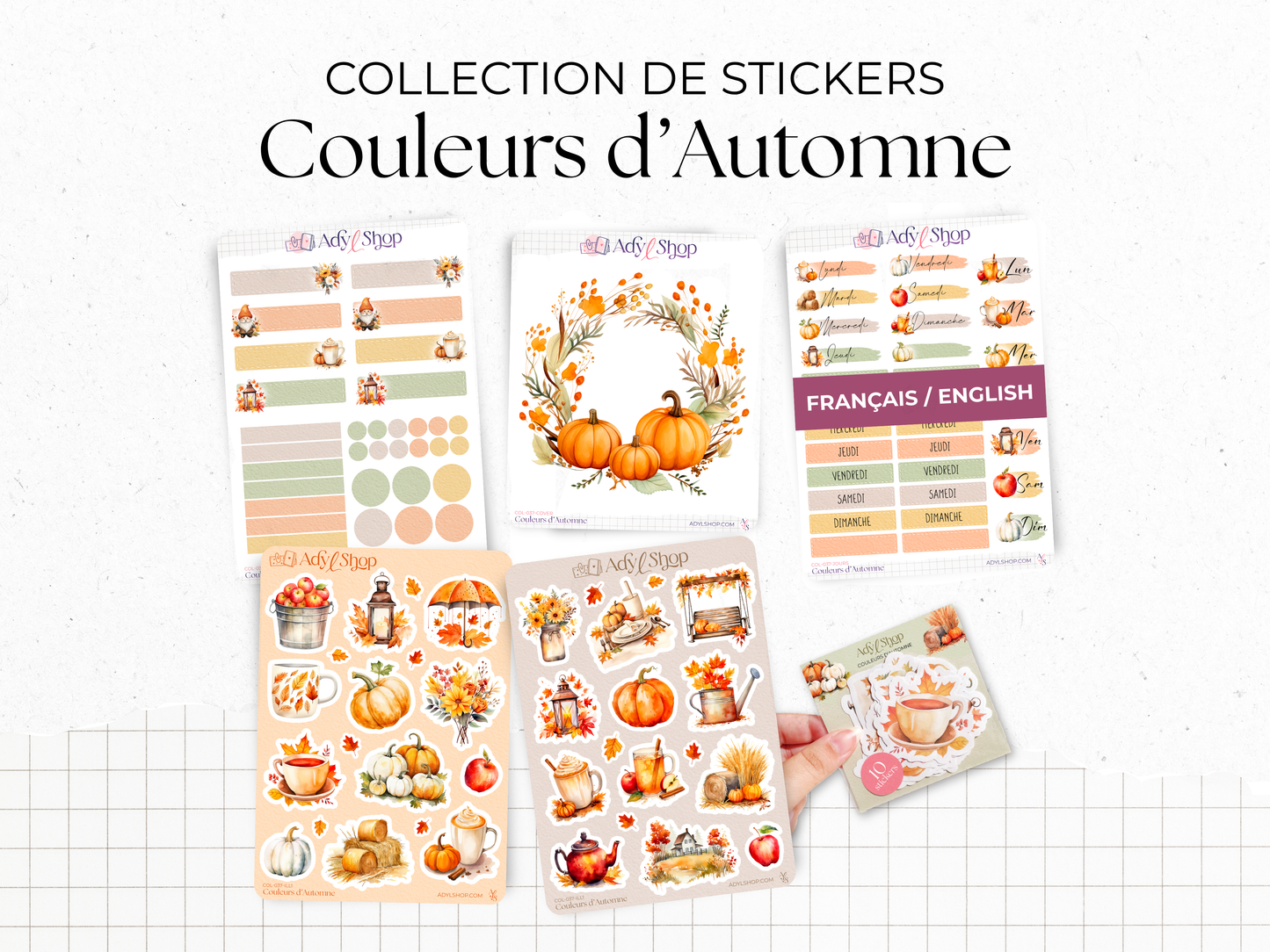 Sticker sheets - "Colors of Fall" - Watercolor illustrations : autumn, pumpkin, leaves, coffee - Bullet Journal / Planner sticker sheet